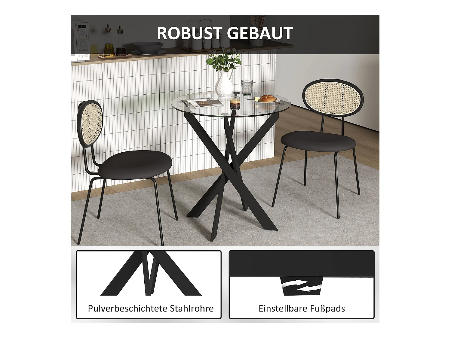 Mesa redonda de cristal templado de metal para 4 personas, para cocina y comedor, Ø70 x 75 cm, color negro