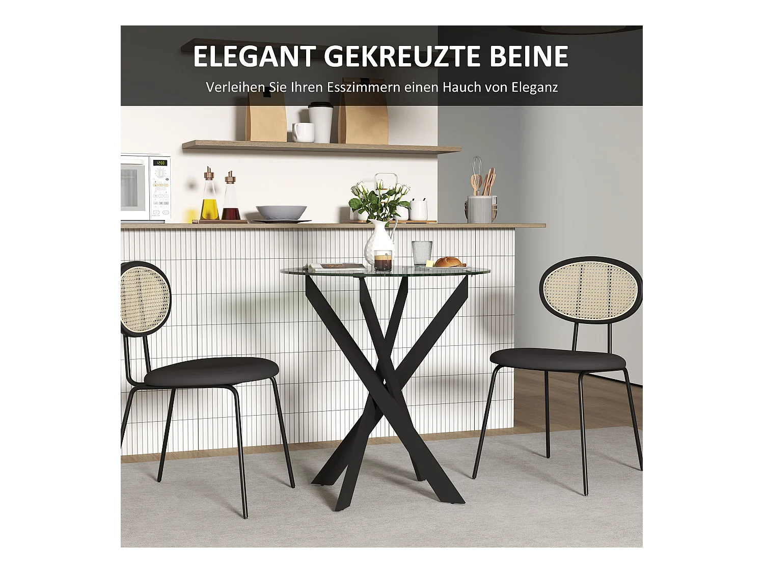 Mesa redonda de cristal templado de metal para 4 personas, para cocina y comedor, Ø70 x 75 cm, color negro