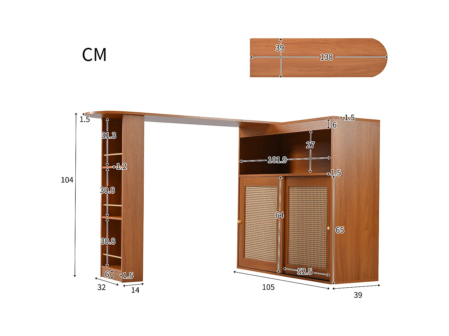 Mesa de bar extensible de MDF con almacenaje de ratán 138-193×39×104cm cocina salón