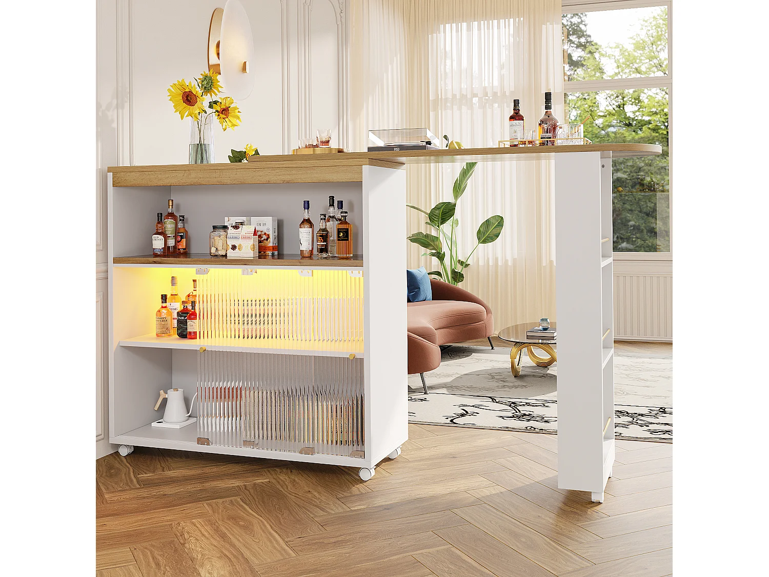 Tavolo bar allungabile MDF LED bianco 138-204 cm rangement cucina salone