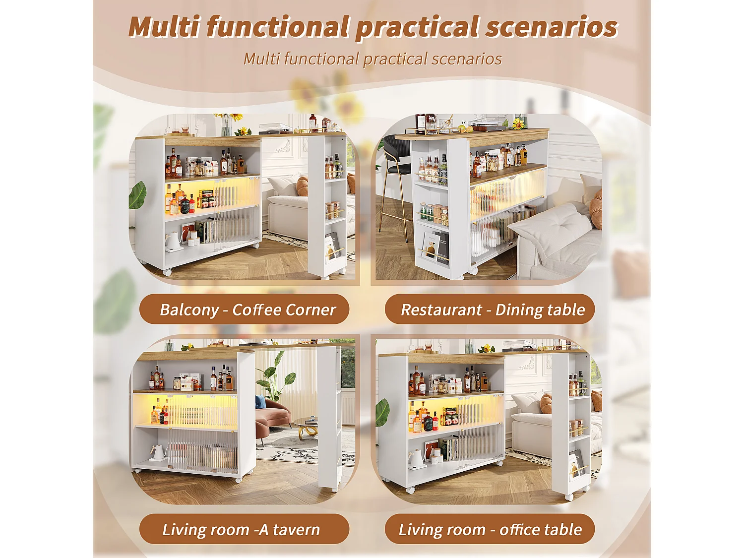 Tavolo bar allungabile MDF LED bianco 138-204 cm rangement cucina salone