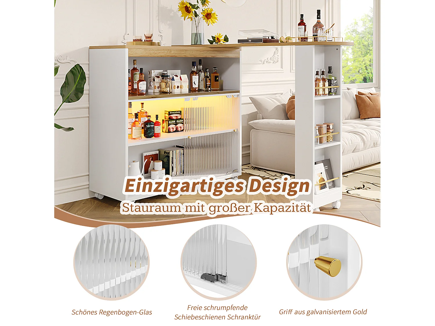 Tavolo bar allungabile MDF LED bianco 138-204 cm rangement cucina salone