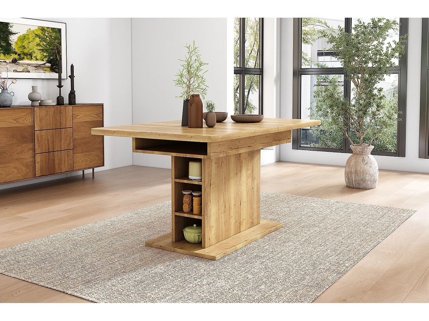 Mesa de jantar extensível MDF metal armazenamento 4-6 pessoas sala de estar sala de jantar natural C110/130xL70xA75cm