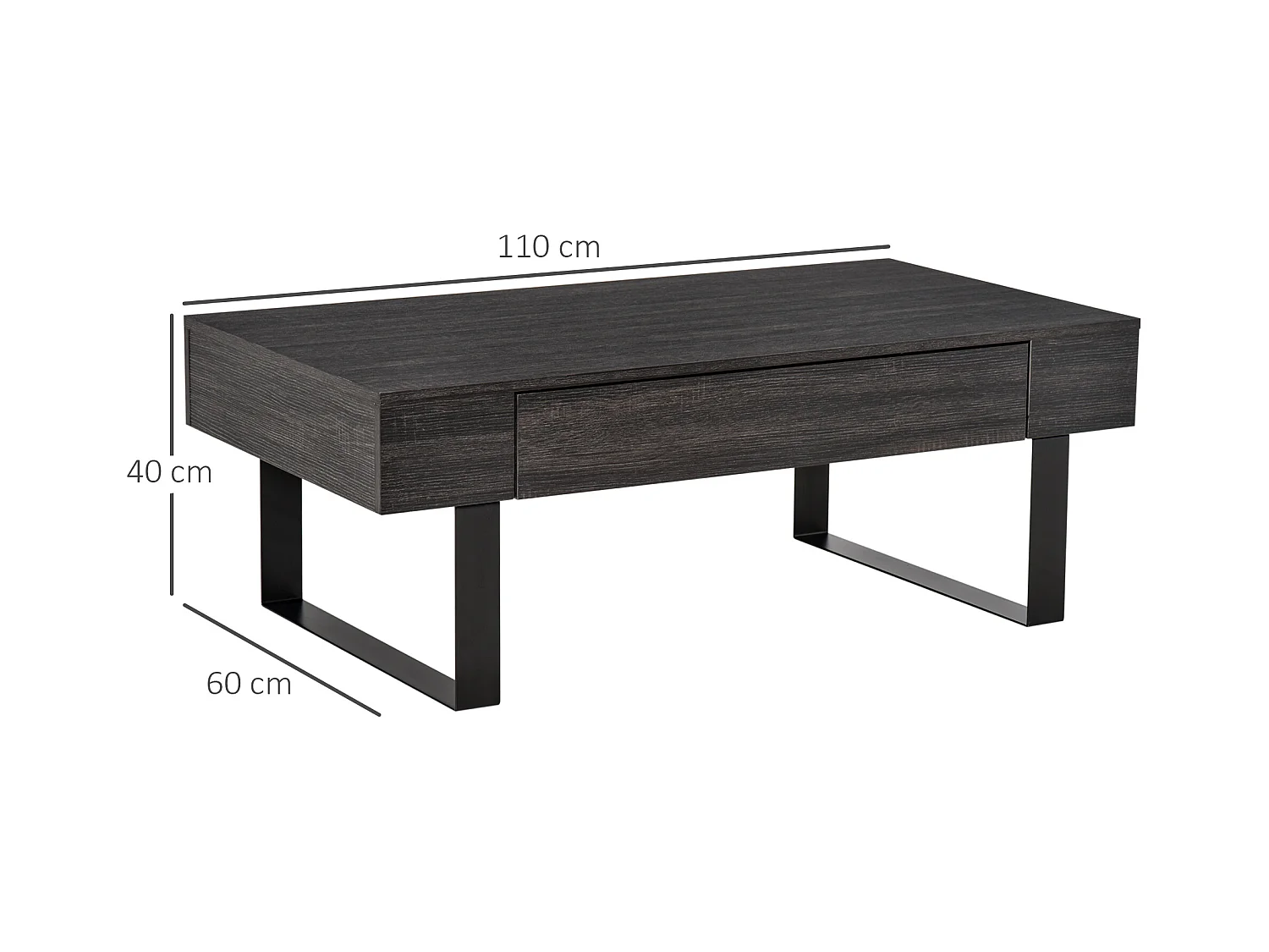 Tavolo Basse MDF Métal avec Tiroir Étagères Salon Bureau 110x60x40 cm Noir