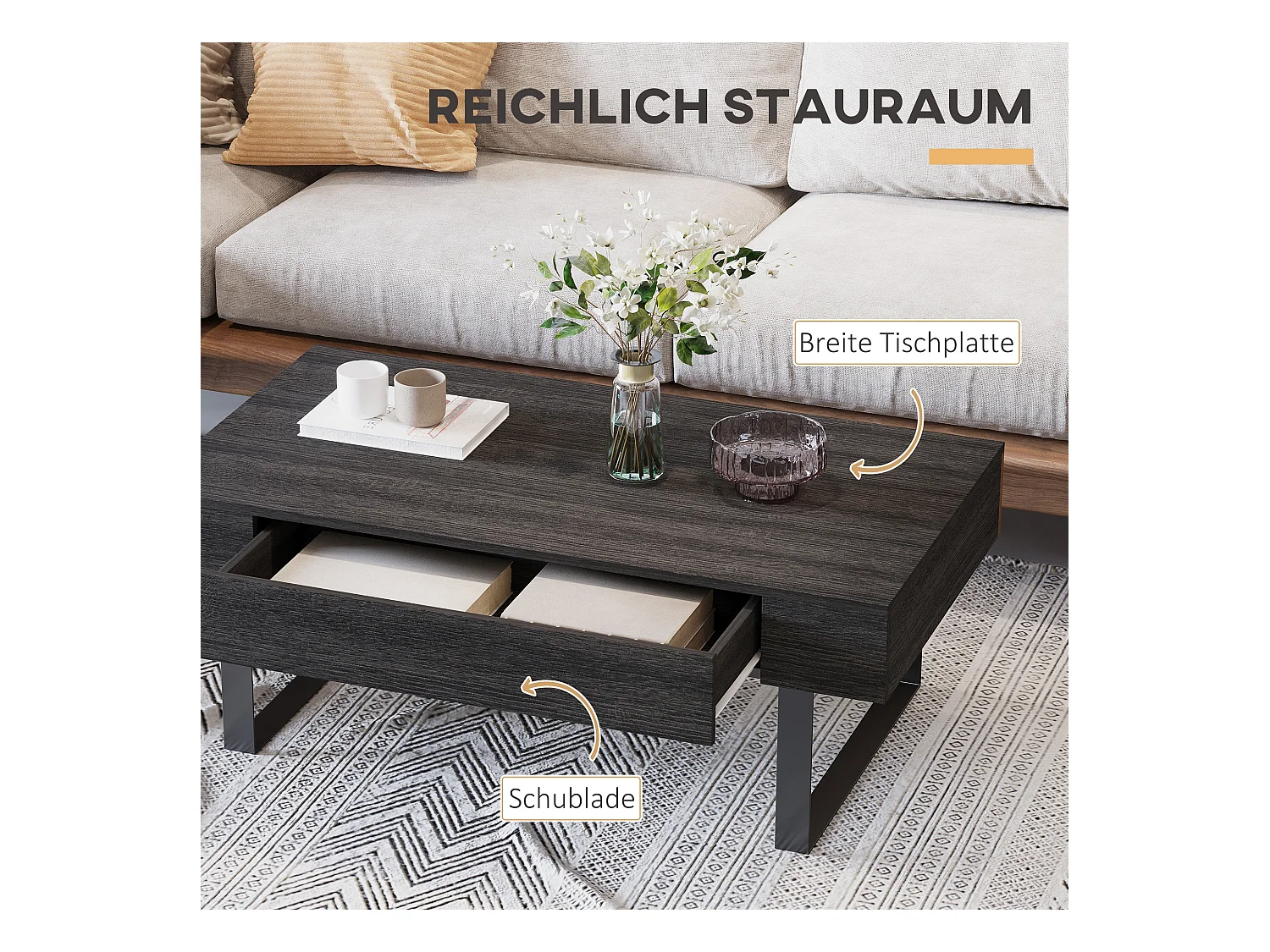 Tavolo Basse MDF Métal avec Tiroir Étagères Salon Bureau 110x60x40 cm Noir