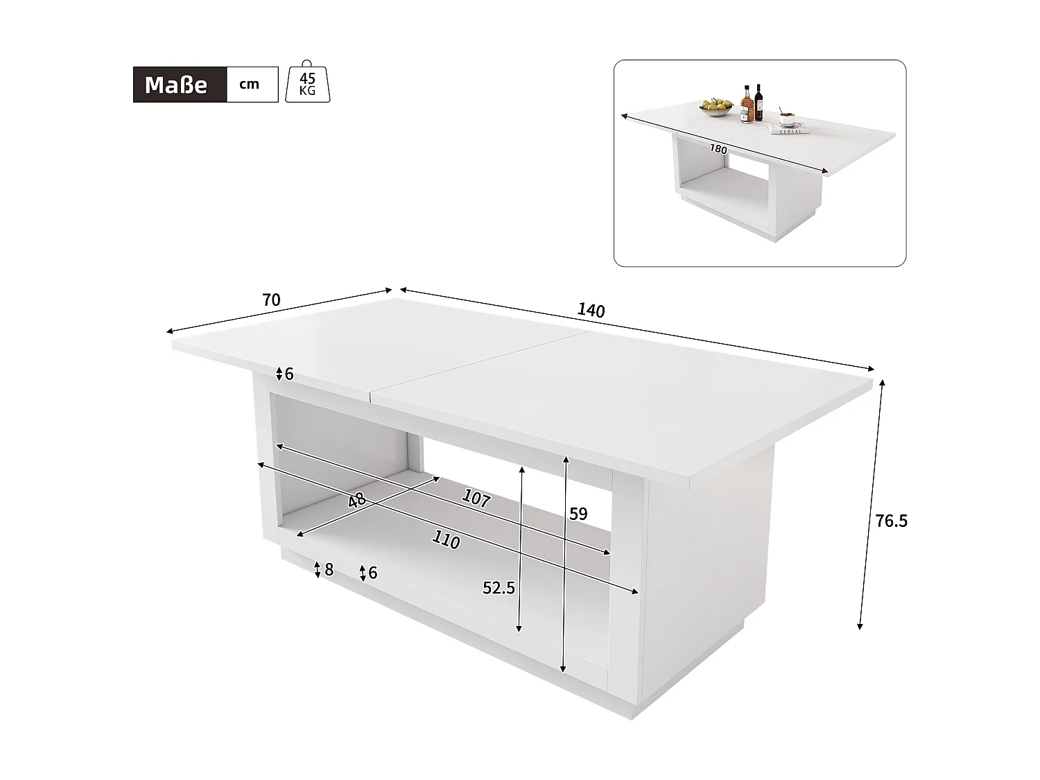 Mesa de comedor extensible moderna de MDF blanca 140/180x70x76,5 cm