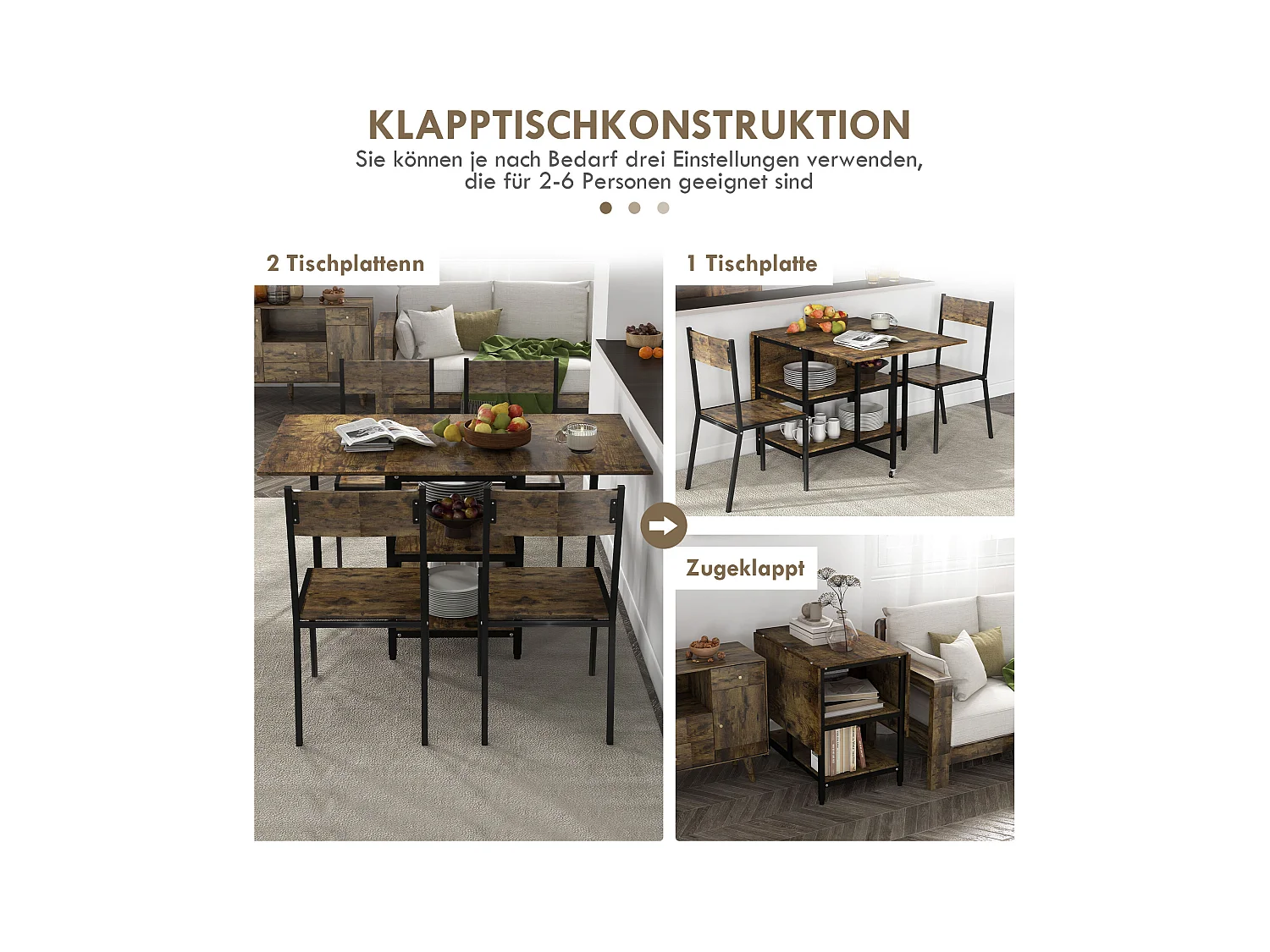 Mesa Plegable Extensible MDF y Acero 140x80cm 2-6 Personas Cocina y Comedor Marrón