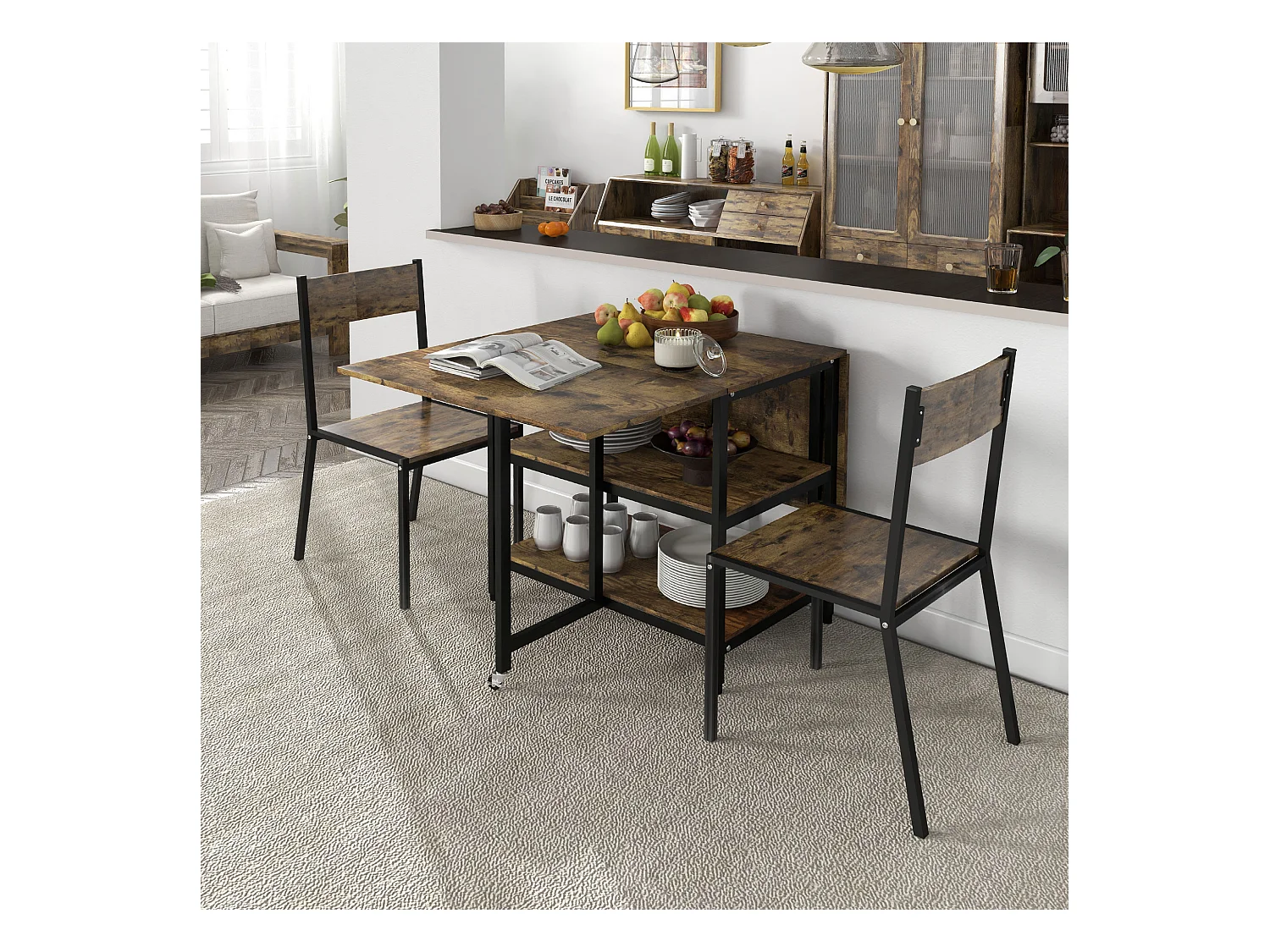 Mesa Plegable Extensible MDF y Acero 140x80cm 2-6 Personas Cocina y Comedor Marrón