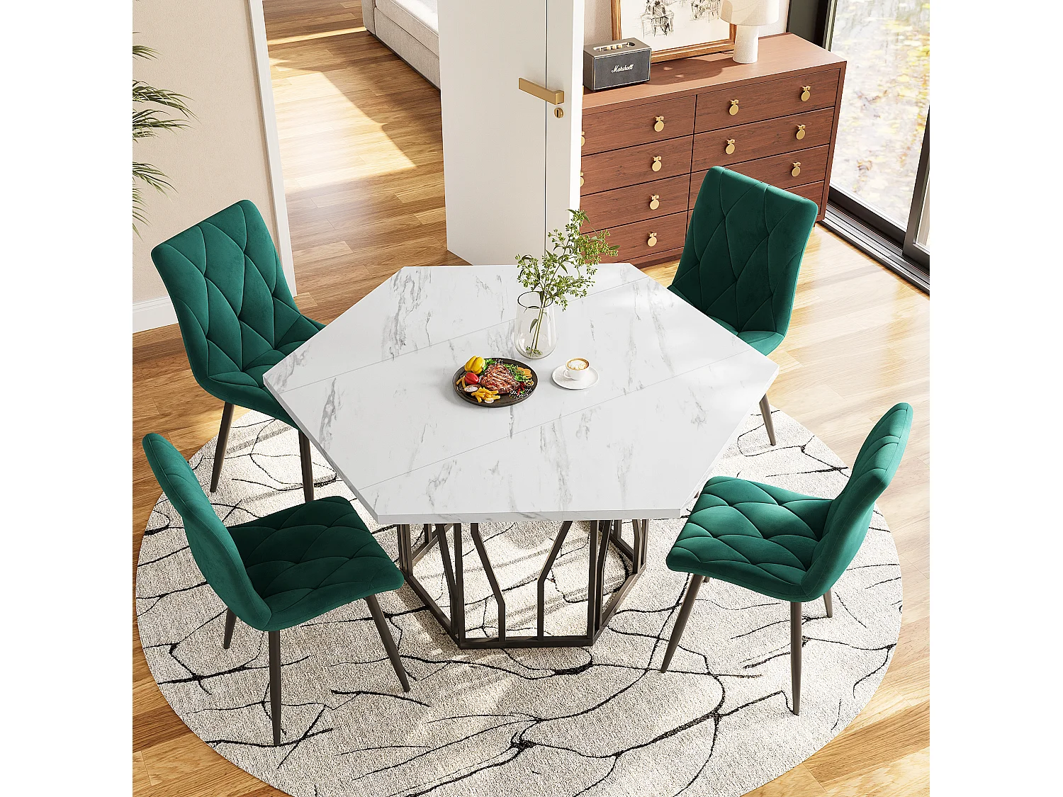 Mesa de comedor de diseño moderno hexagonal de MDF con patas de metal negro 115,5×100 cm