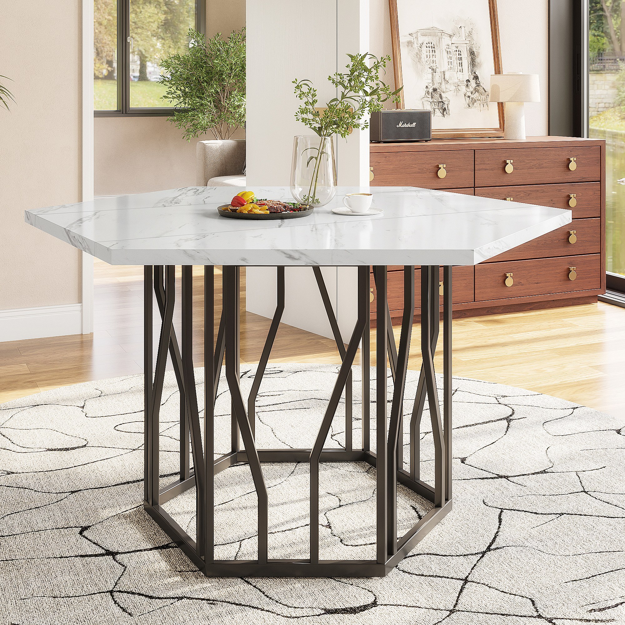 Mesa hexagonal de MDF de design moderno com pés de metal preto para ...