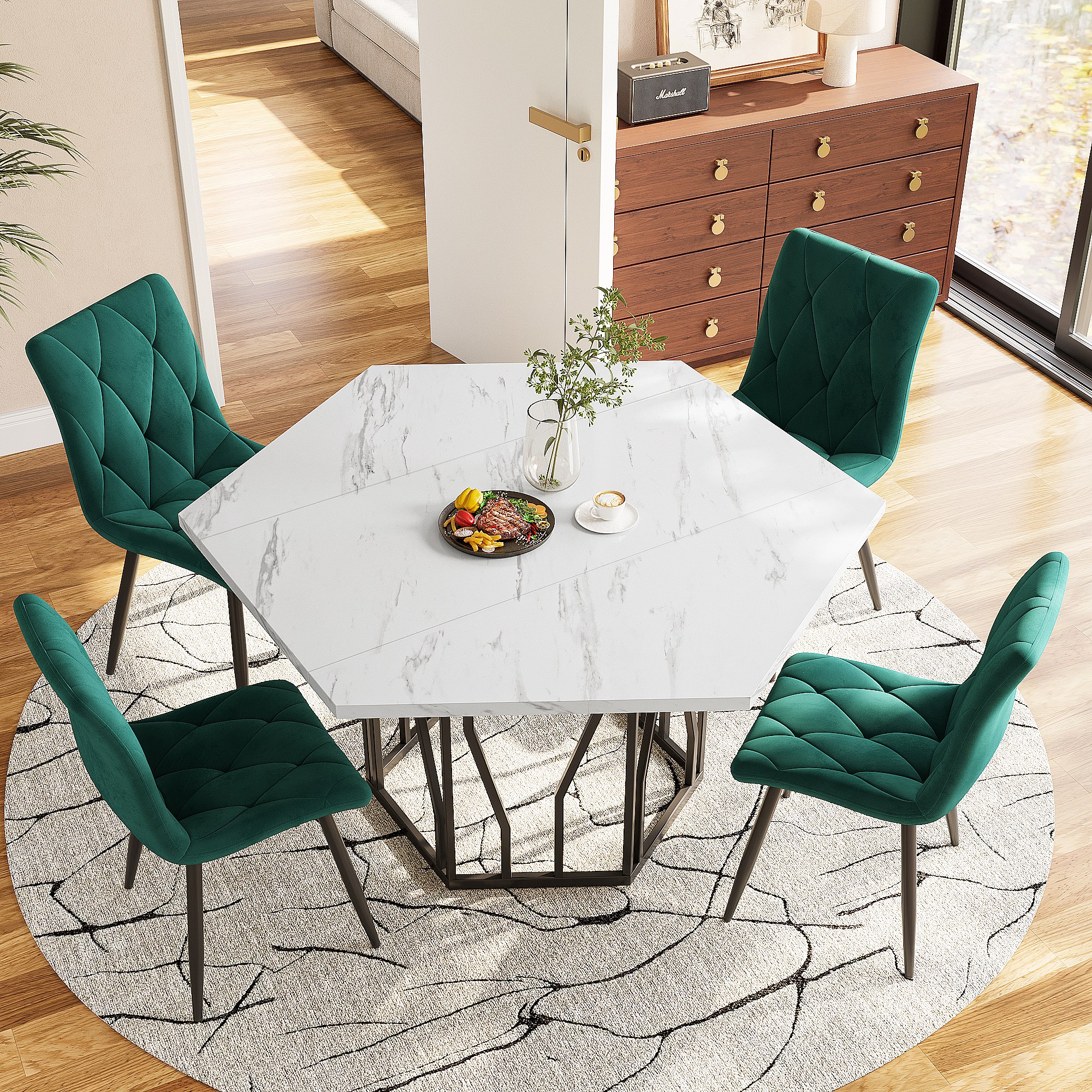 Mesa hexagonal de MDF de design moderno com pés de metal preto para ...