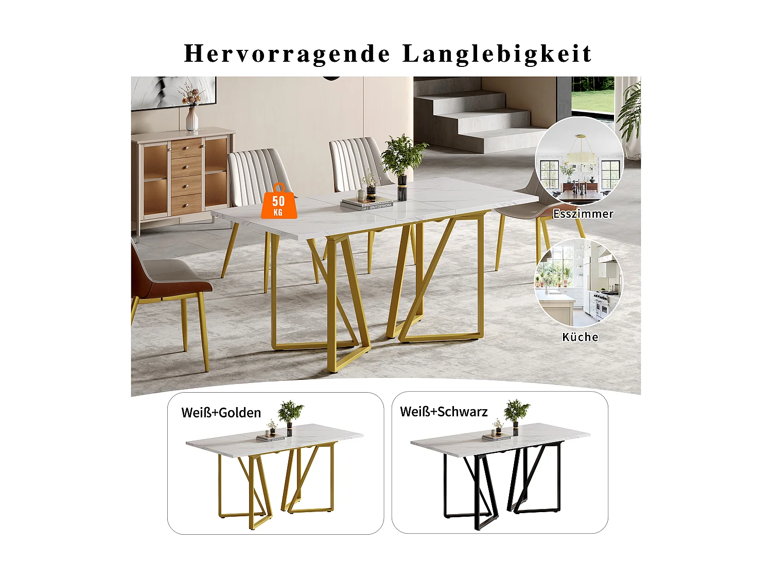 Mesa de comedor extensible MDF y metal 160x73 cm diseño moderno blanco y dorado