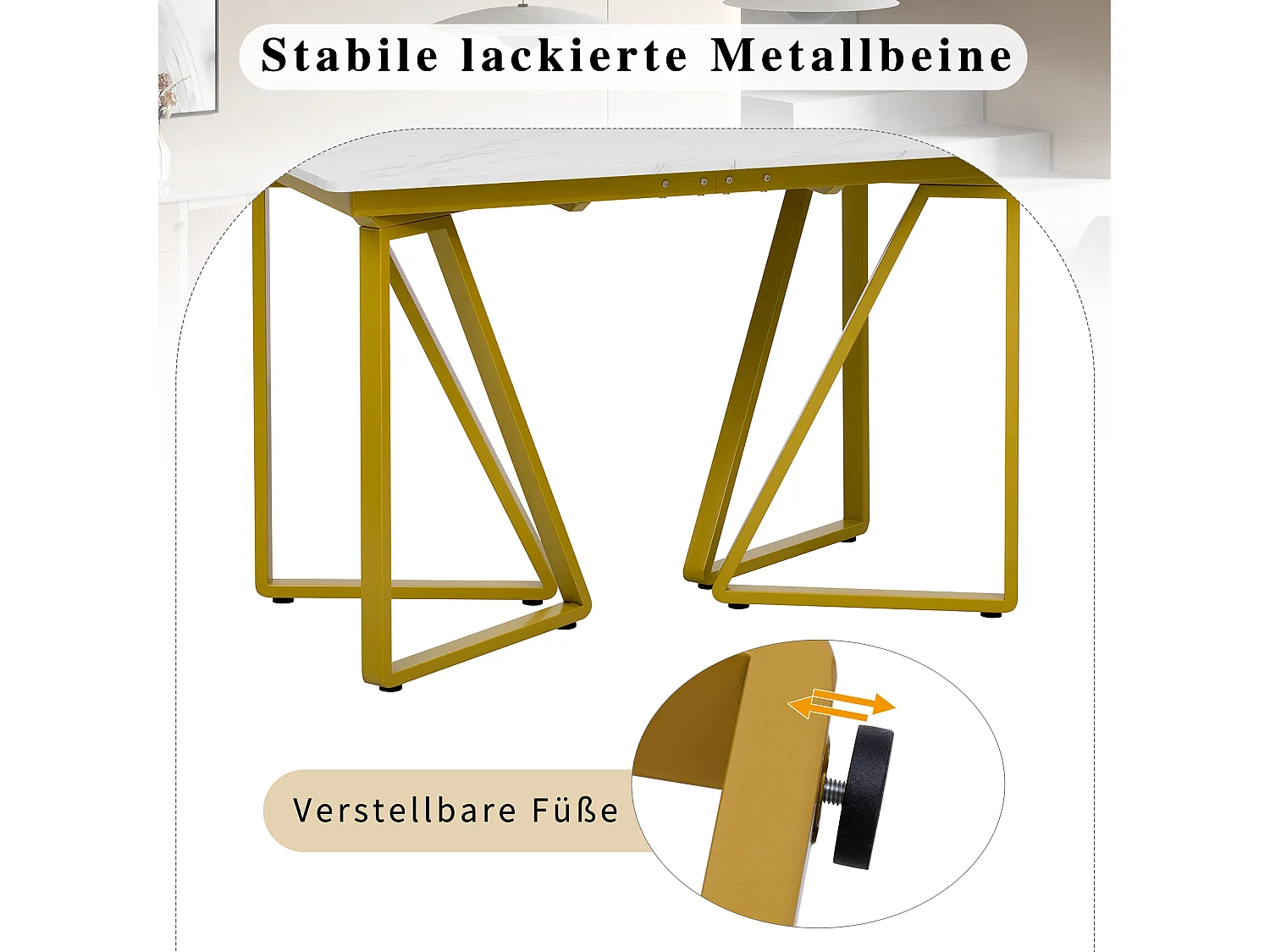 Mesa de comedor extensible MDF y metal 160x73 cm diseño moderno blanco y dorado