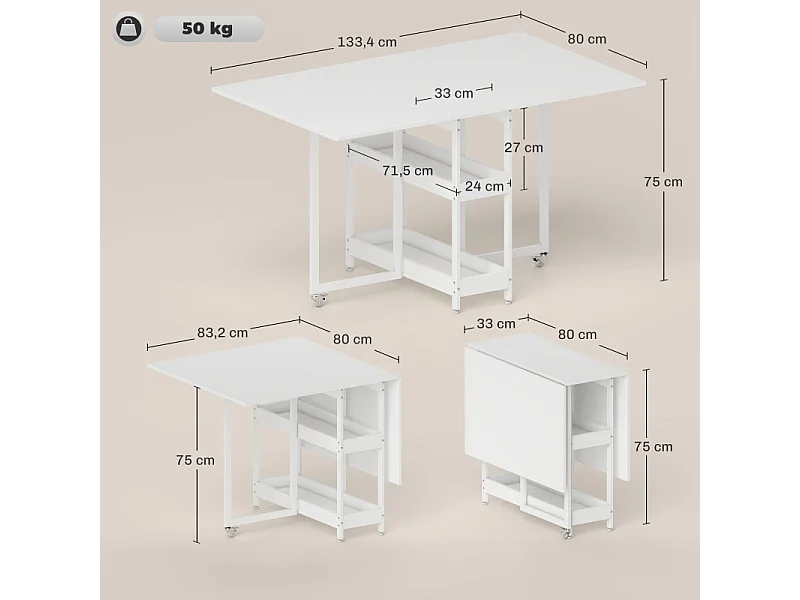 Tavolo pieghevole 2-4 persone MDF melaminico con ripiani cucina salle à manger 133x80x75 cm bianco