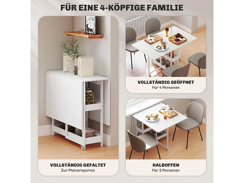 Tavolo pieghevole 2-4 persone MDF melaminico con ripiani cucina salle à manger 133x80x75 cm bianco