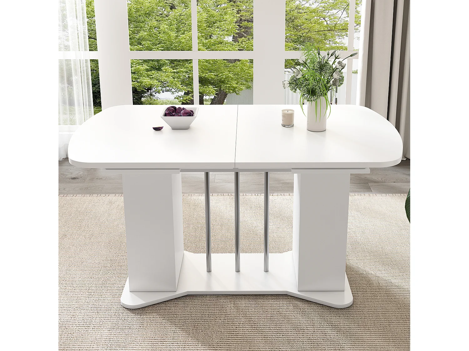 Mesa de comedor extensible de metal MDF con espacio de almacenamiento para 4-6 personas, blanca, patas plateadas, 120/160x80cm