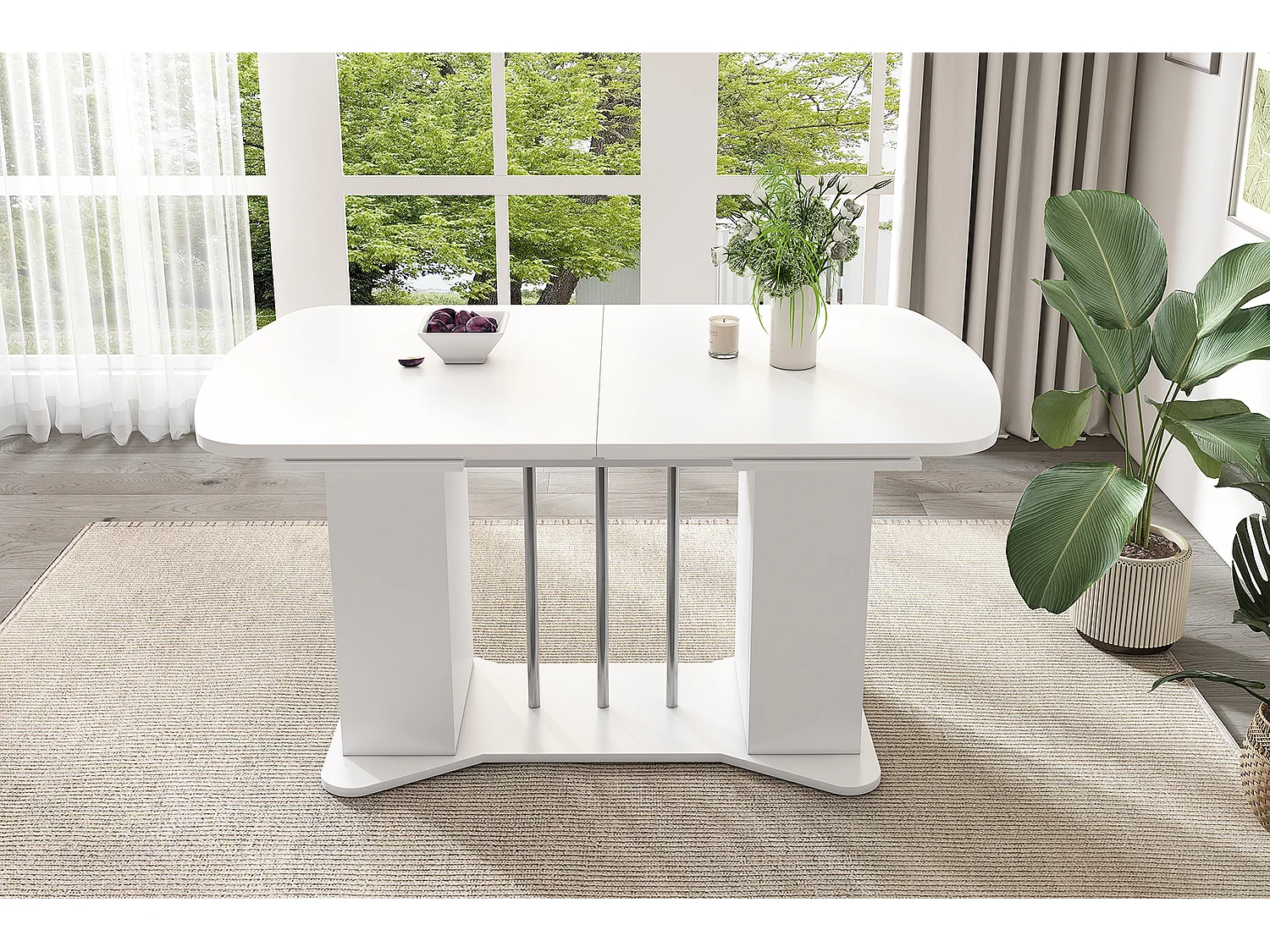 Mesa de comedor extensible de metal MDF con espacio de almacenamiento para 4-6 personas, blanca, patas plateadas, 120/160x80cm
