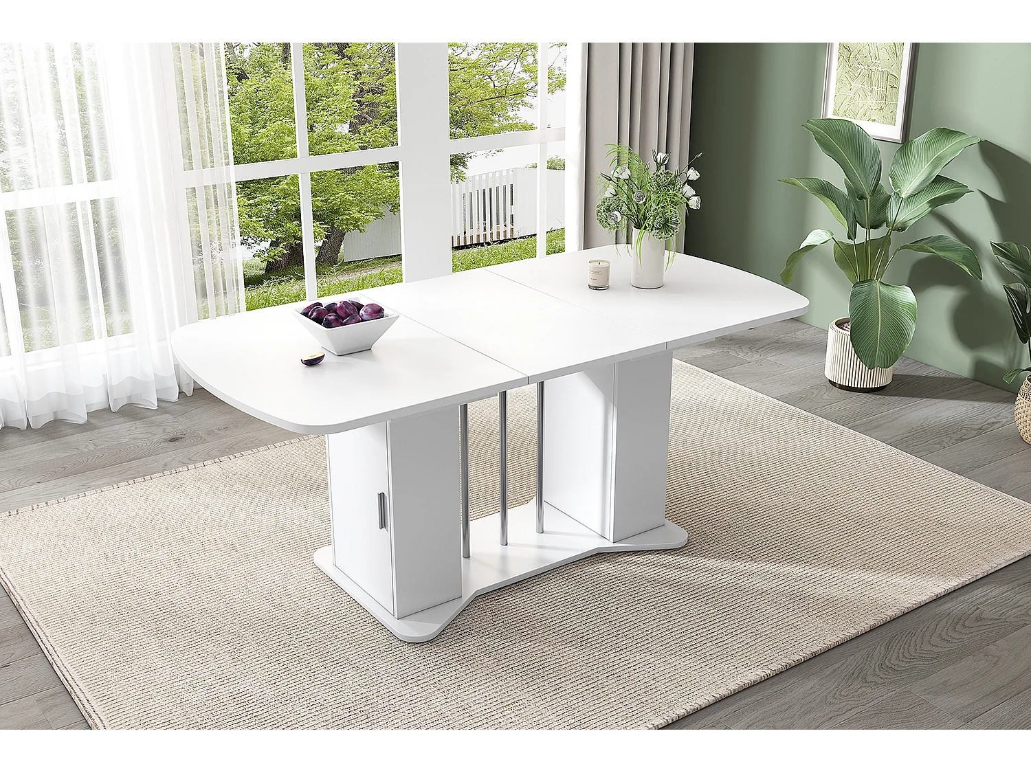 Mesa de comedor extensible de metal MDF con espacio de almacenamiento para 4-6 personas, blanca, patas plateadas, 120/160x80cm