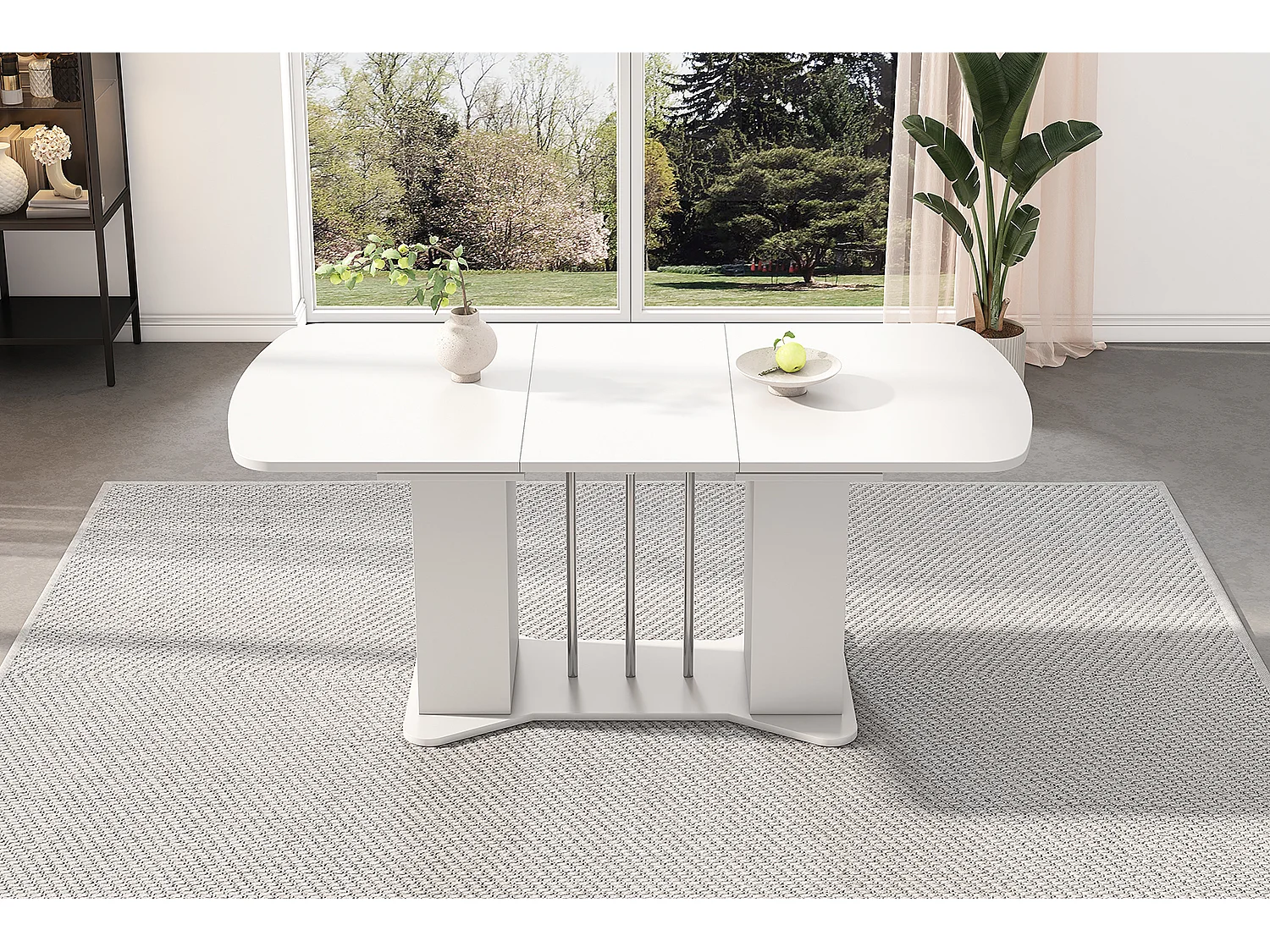 Mesa de comedor extensible de metal MDF con espacio de almacenamiento para 4-6 personas, blanca, patas plateadas, 120/160x80cm