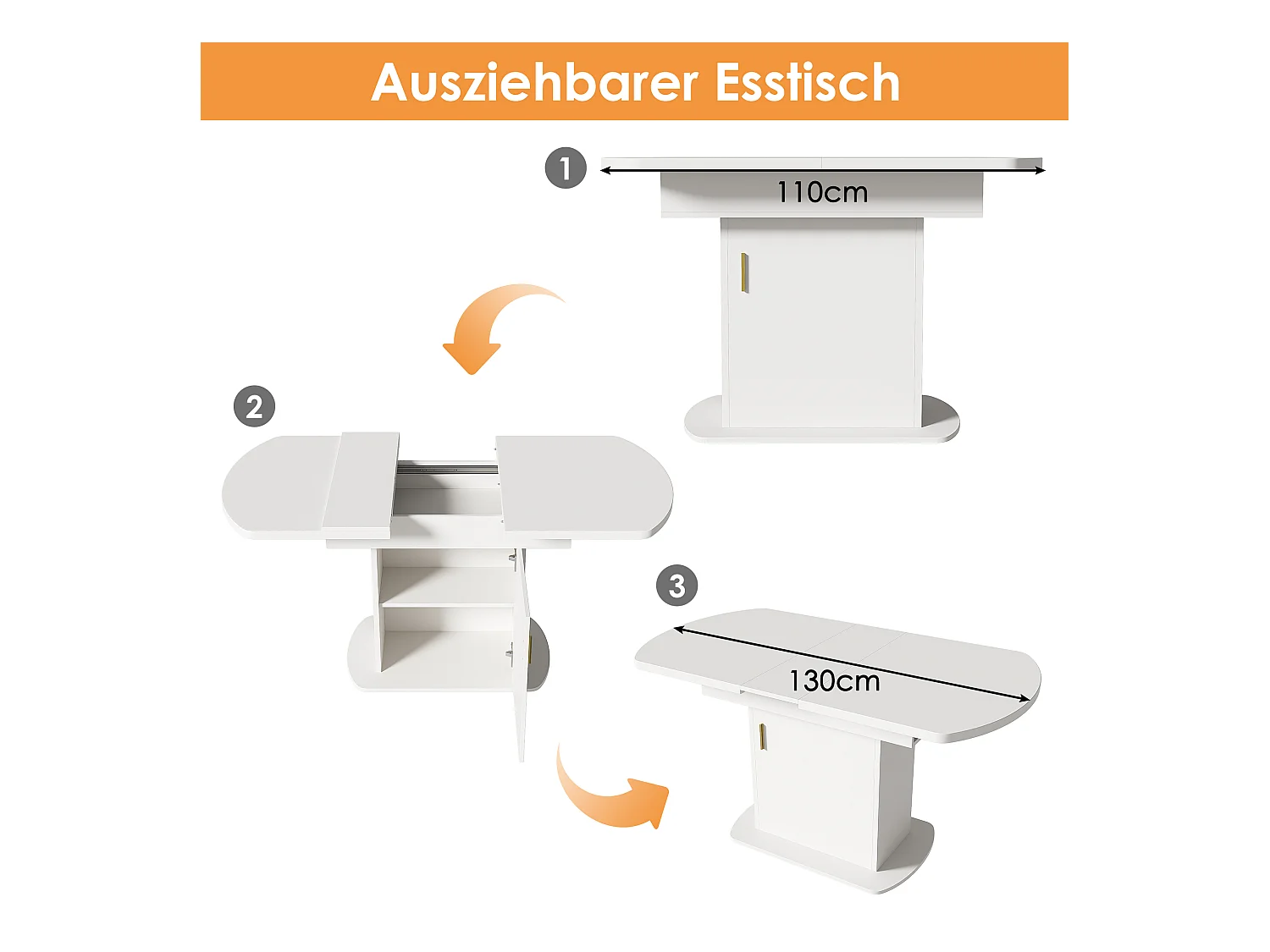Mesa extensible ovalada de metal MDF L110-130 x W70 x H75 cm con almacenaje en oro blanco