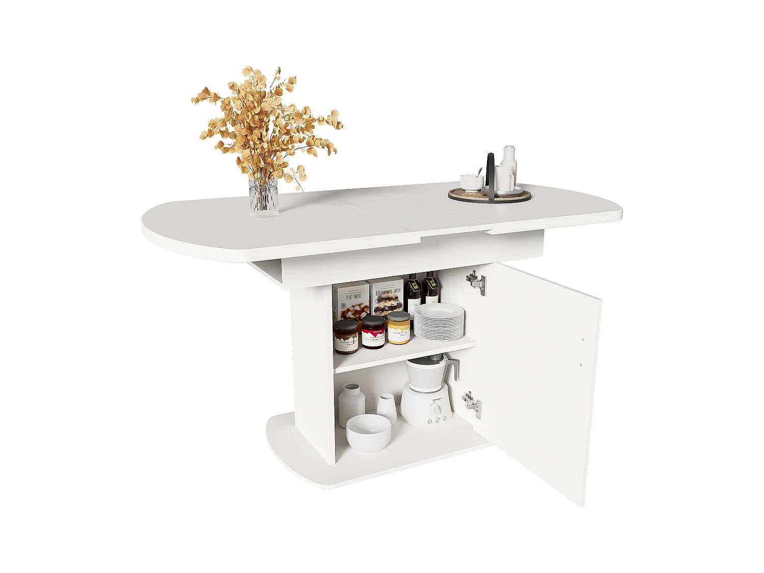 Mesa extensible ovalada de metal MDF L110-130 x W70 x H75 cm con almacenaje en oro blanco