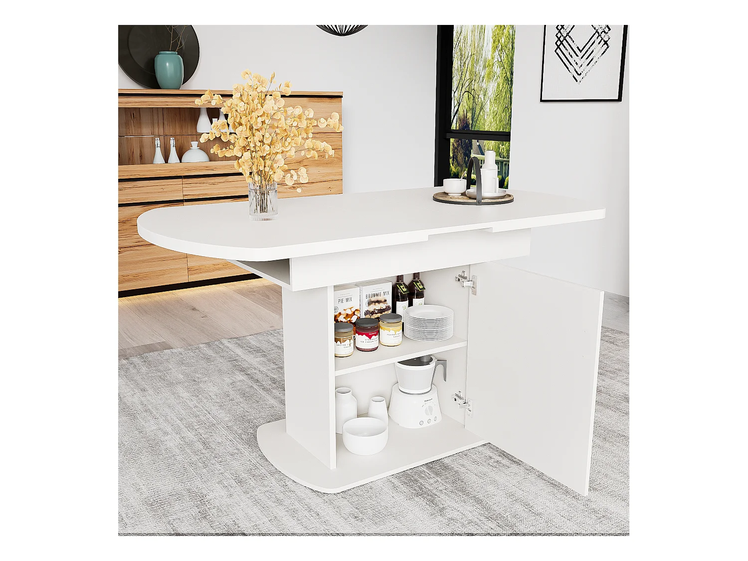 Mesa extensible ovalada de metal MDF L110-130 x W70 x H75 cm con almacenaje en oro blanco