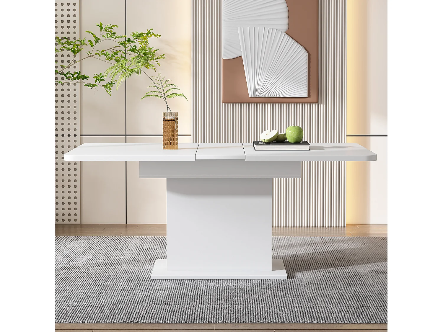 Mesa de comedor extensible de metal y MDF con almacenamiento multifuncional en color blanco