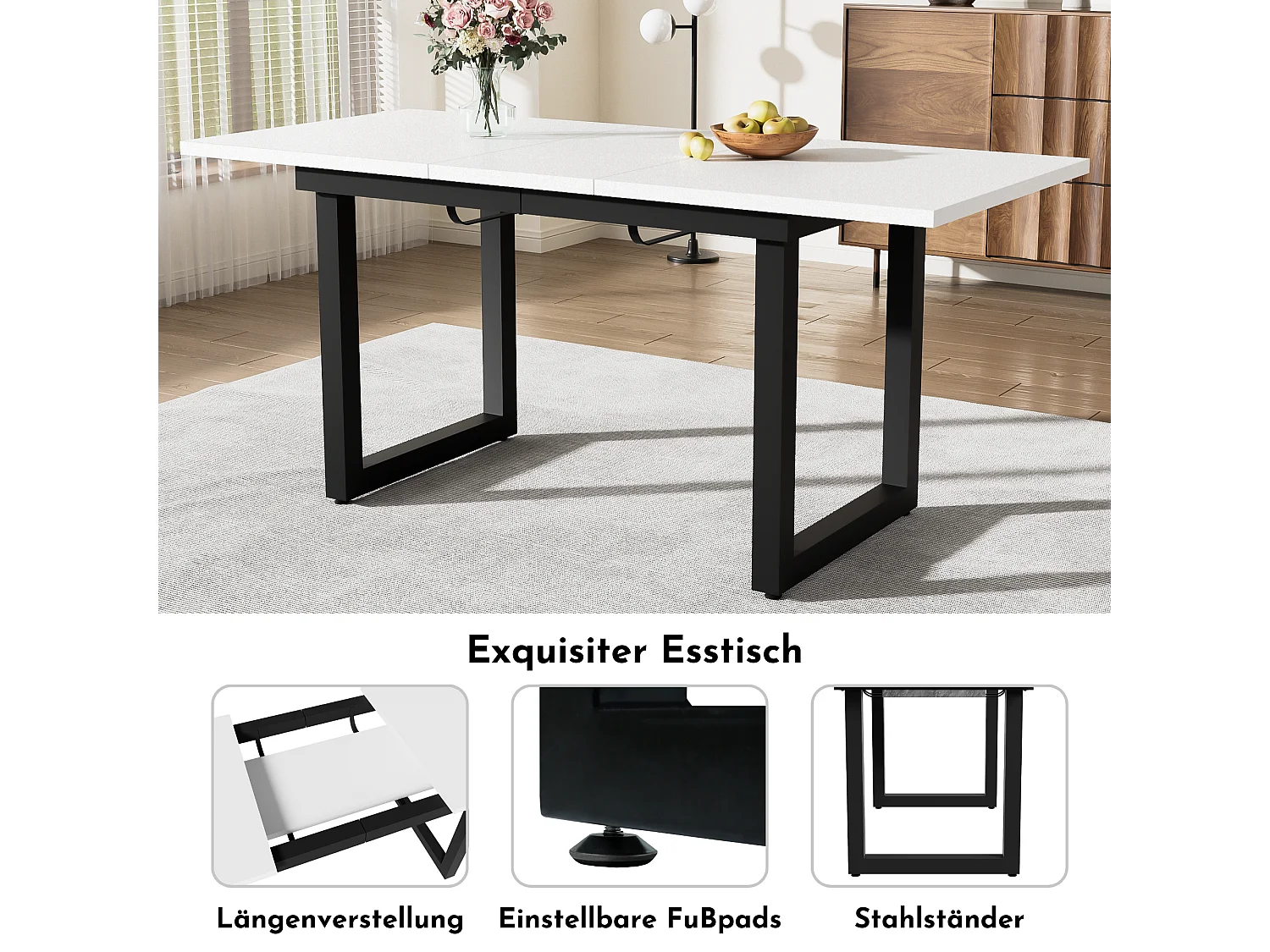 Tavolo da mangiatoia allungabile MDF metallo stile industriel 4-6 persone bianco nero L140/180xL80xH75cm