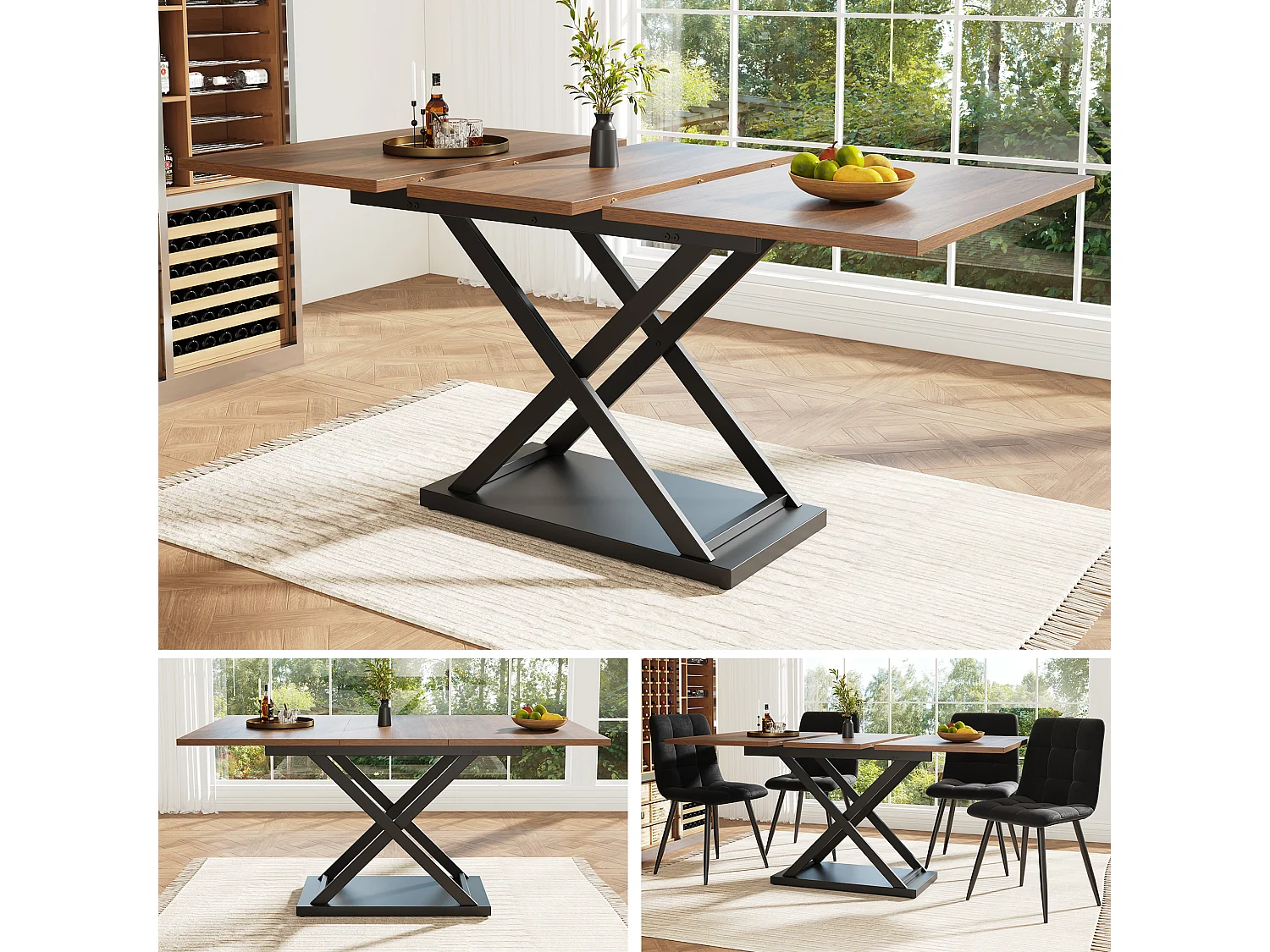 Mesa de jantar extensível MDF pernas cruzadas de metal para cozinha e sala de estar 120-160×80cm nogueira