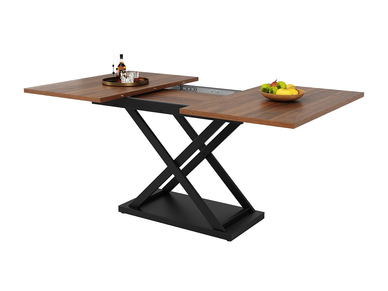 Mesa de jantar extensível MDF pernas cruzadas de metal para cozinha e sala de estar 120-160×80cm nogueira