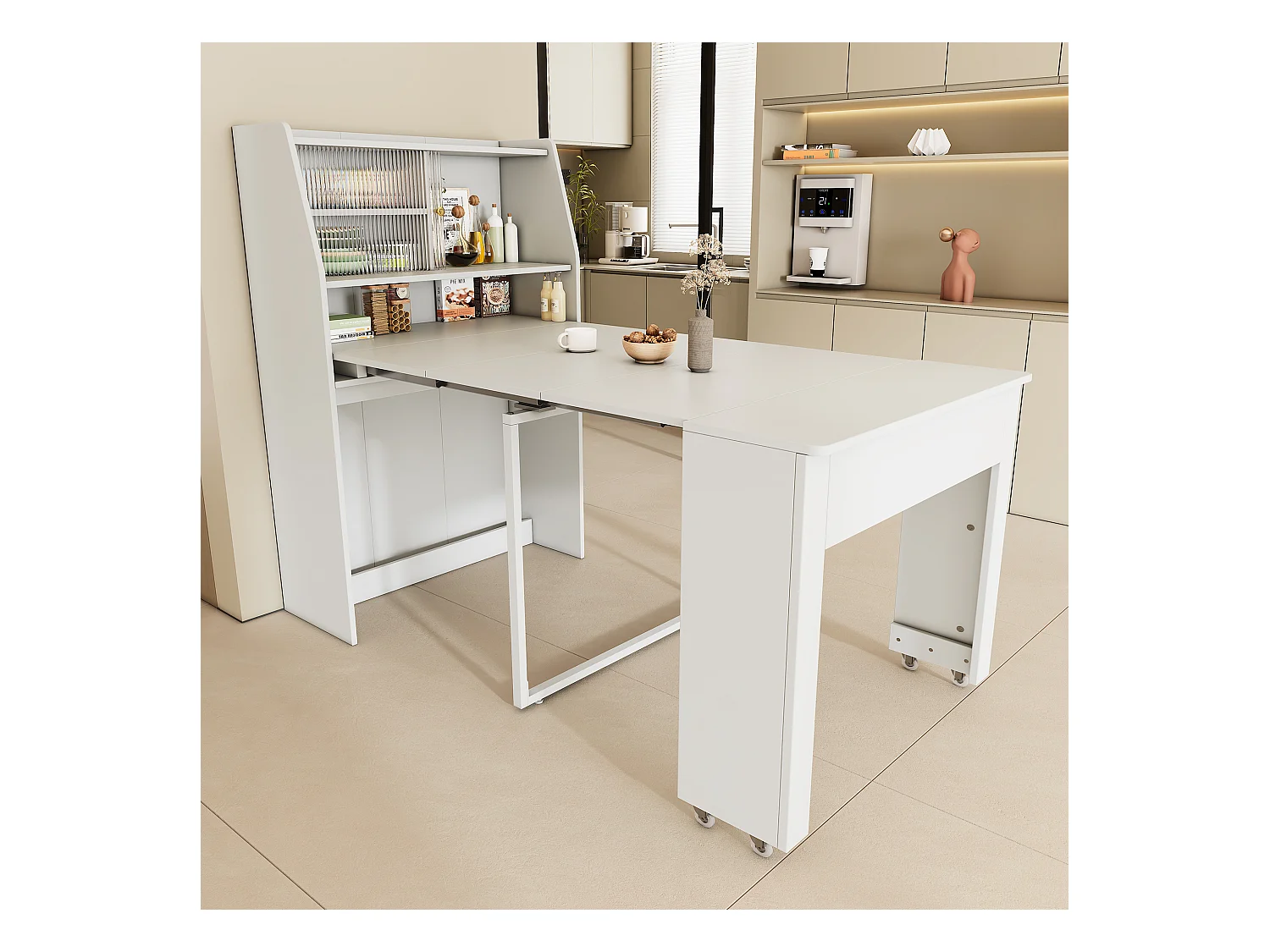 Mesa extensible de MDF blanco con almacenaje integrado L52-132,5 x An80 x Al76 cm multifuncional