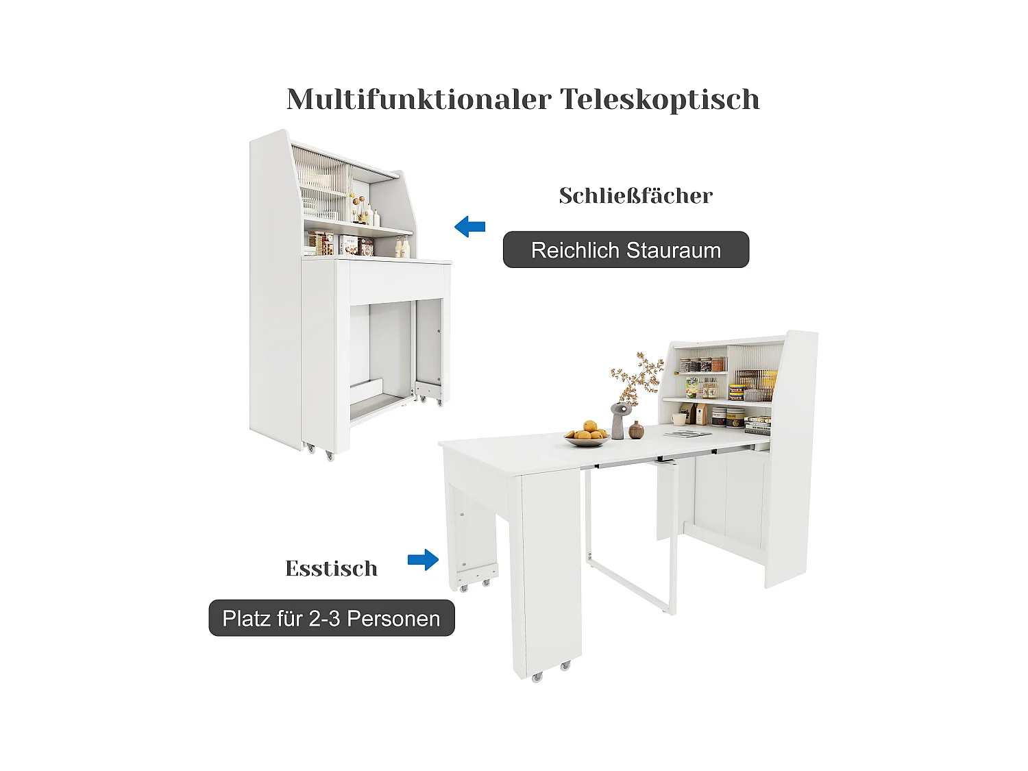 Mesa extensible de MDF blanco con almacenaje integrado L52-132,5 x An80 x Al76 cm multifuncional