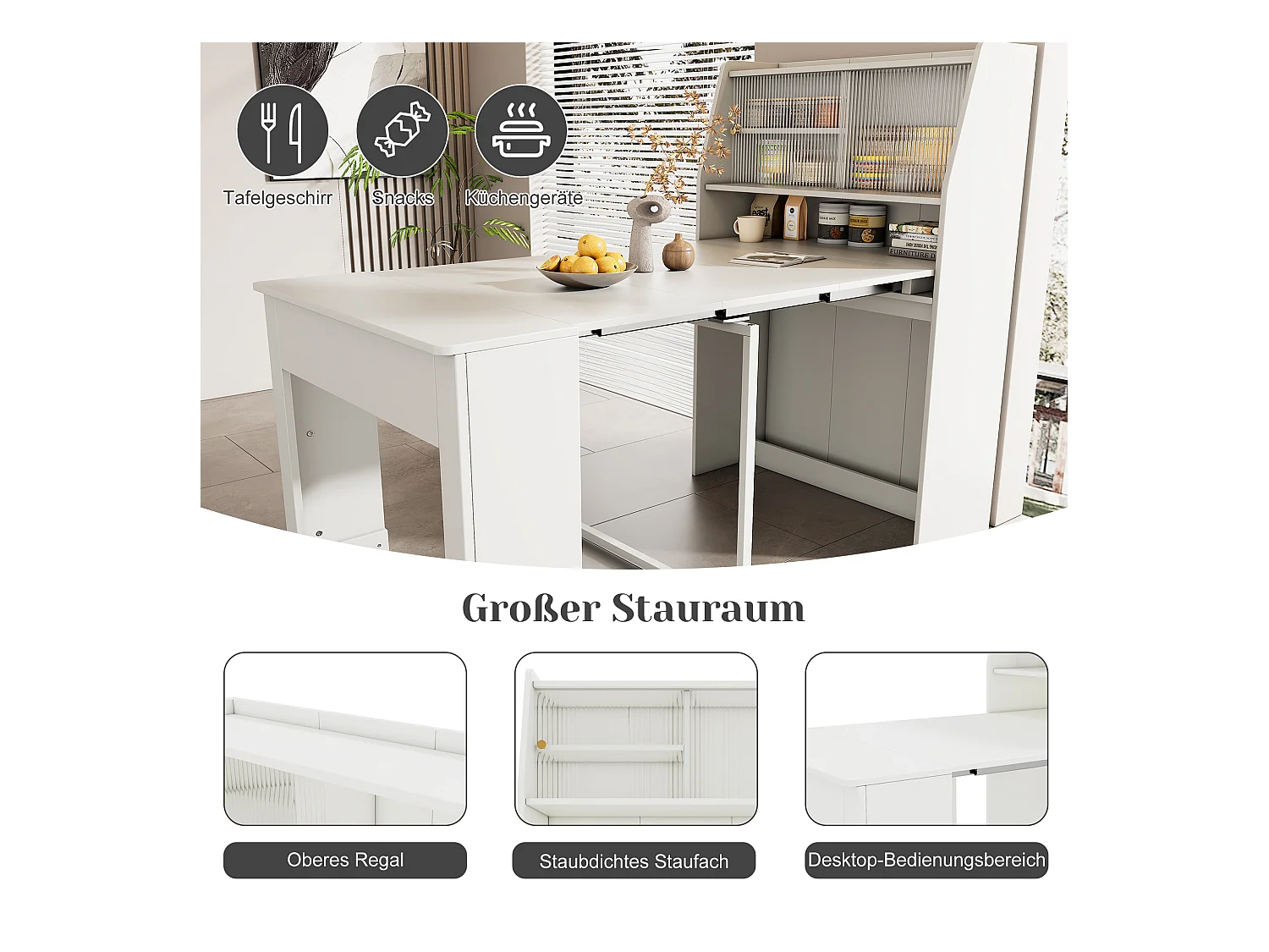 Mesa extensible de MDF blanco con almacenaje integrado L52-132,5 x An80 x Al76 cm multifuncional