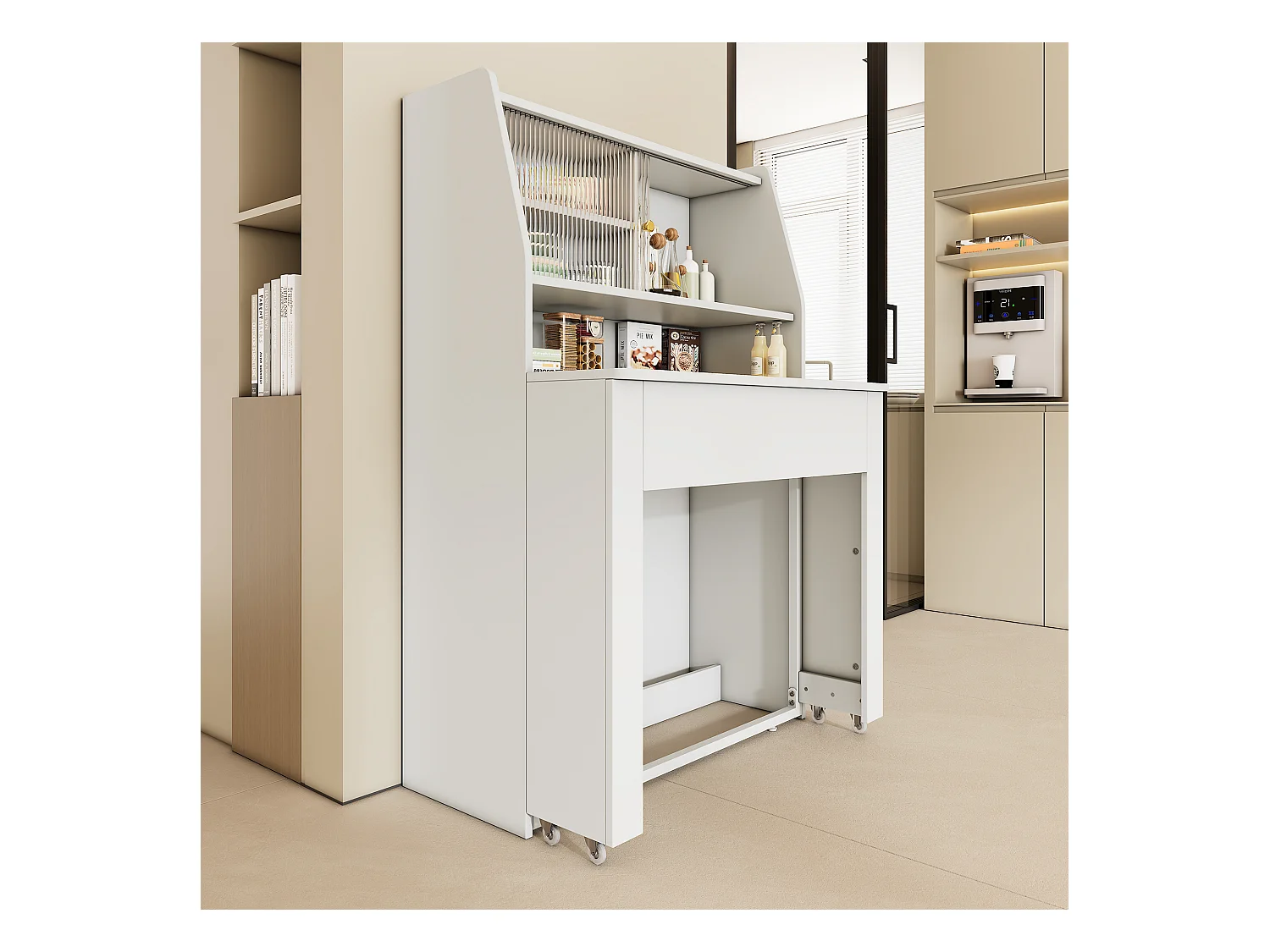 Mesa extensible de MDF blanco con almacenaje integrado L52-132,5 x An80 x Al76 cm multifuncional