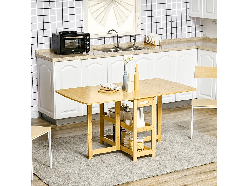 Mesa dobrável extensível para cozinha e sala de jantar, bambu, armazenamento, pernas ajustáveis, natural 149,5x80x73,5 cm