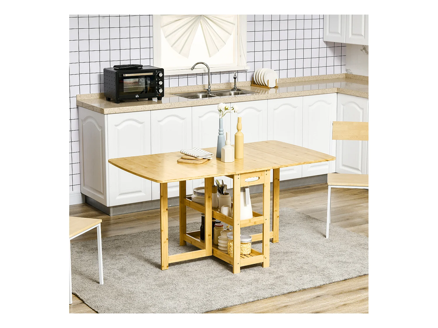 Mesa plegable extensible para cocina y comedor, bambú, almacenaje, patas regulables, natural 149,5x80x73,5 cm