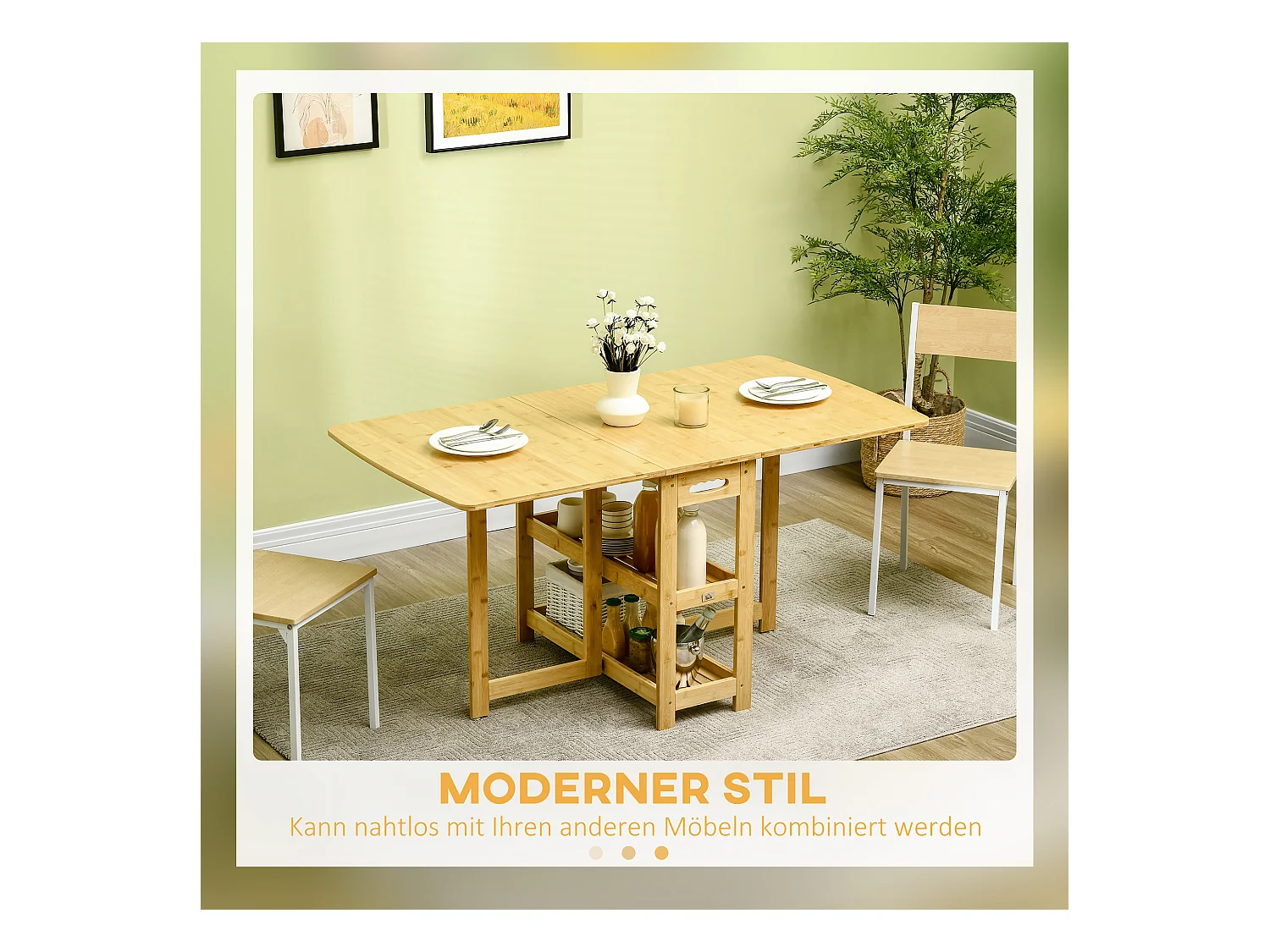 Mesa plegable extensible para cocina y comedor, bambú, almacenaje, patas regulables, natural 149,5x80x73,5 cm