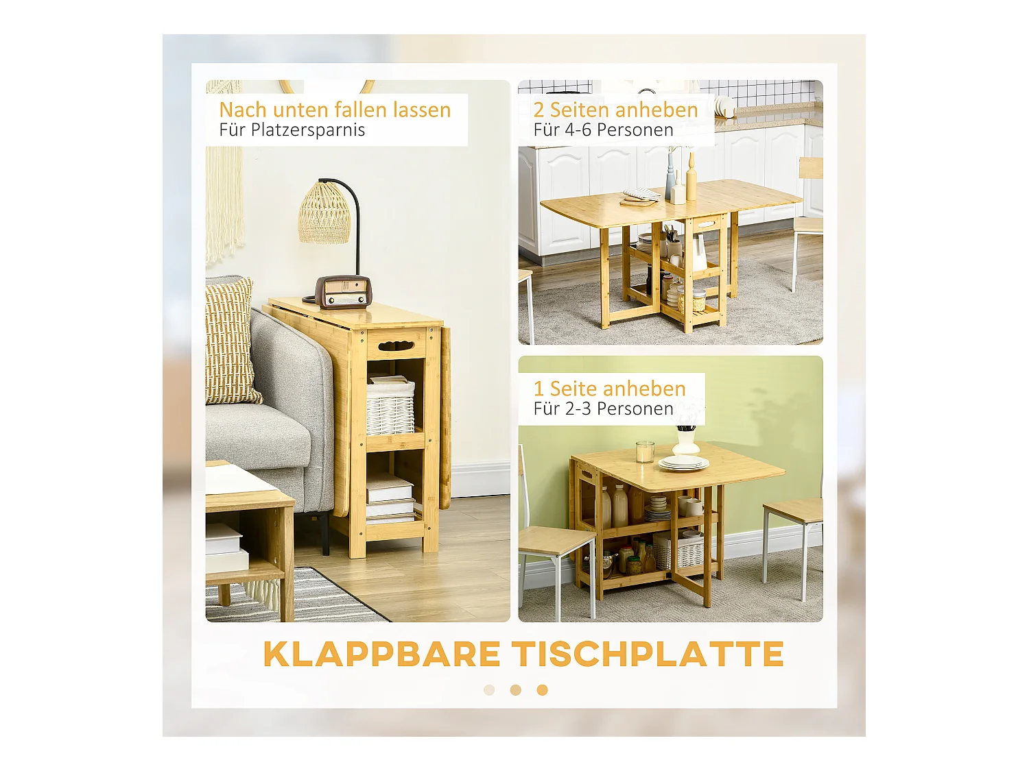 Mesa plegable extensible para cocina y comedor, bambú, almacenaje, patas regulables, natural 149,5x80x73,5 cm