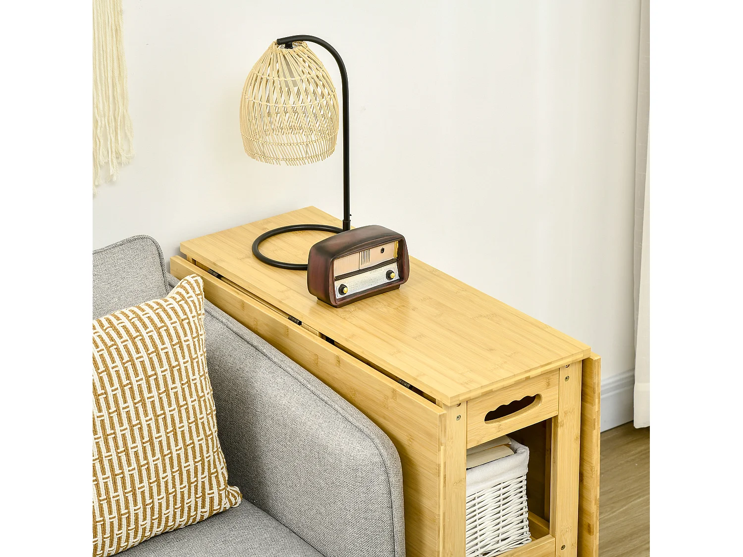 Mesa plegable extensible para cocina y comedor, bambú, almacenaje, patas regulables, natural 149,5x80x73,5 cm