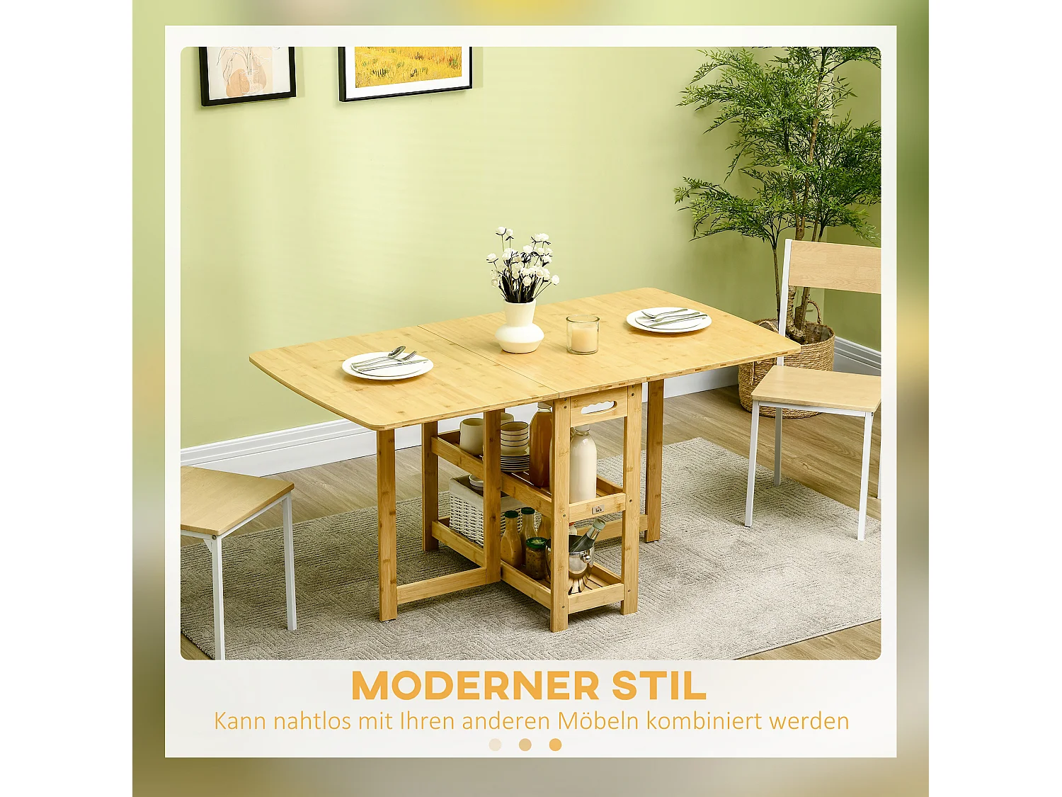 Mesa dobrável extensível para cozinha e sala de jantar, bambu, armazenamento, pernas ajustáveis, natural 149,5x80x73,5 cm