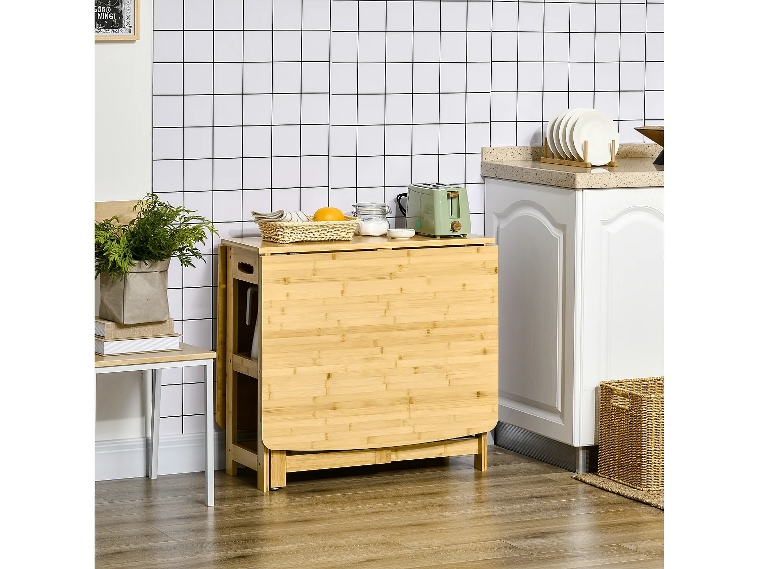 Mesa dobrável extensível para cozinha e sala de jantar, bambu, armazenamento, pernas ajustáveis, natural 149,5x80x73,5 cm