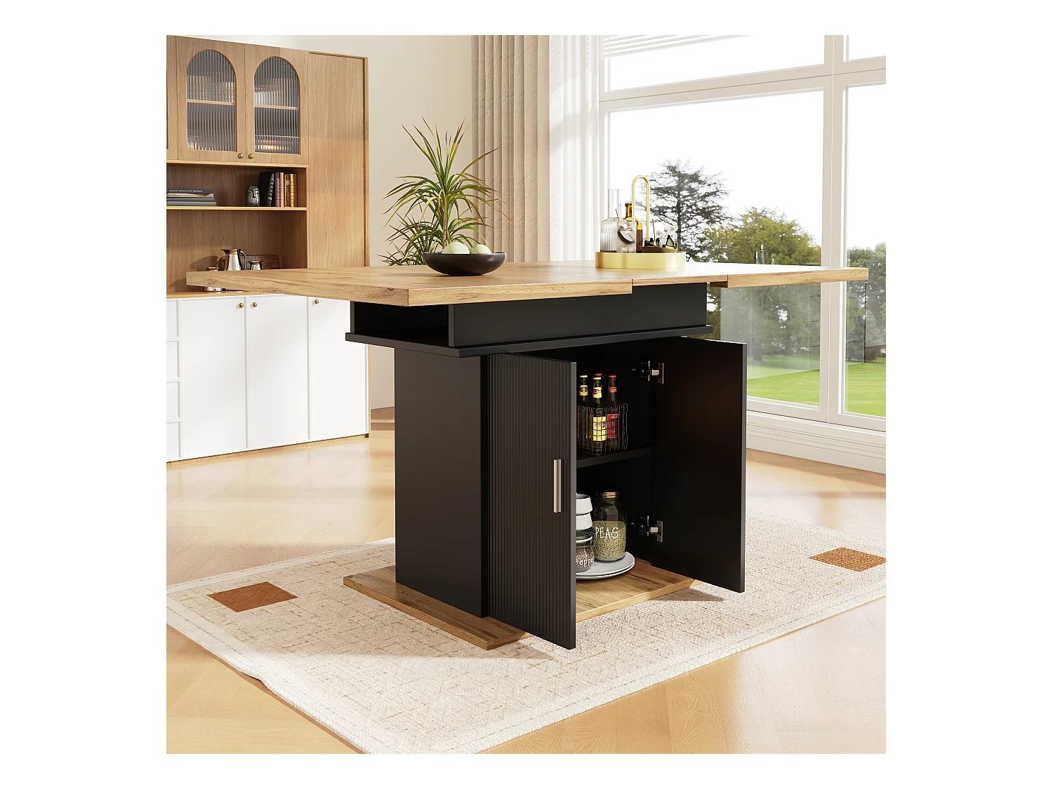 Mesa de jantar extensível em MDF com prateleiras, mesa de cozinha e sala de estar, 110-140×70cm natural/preto