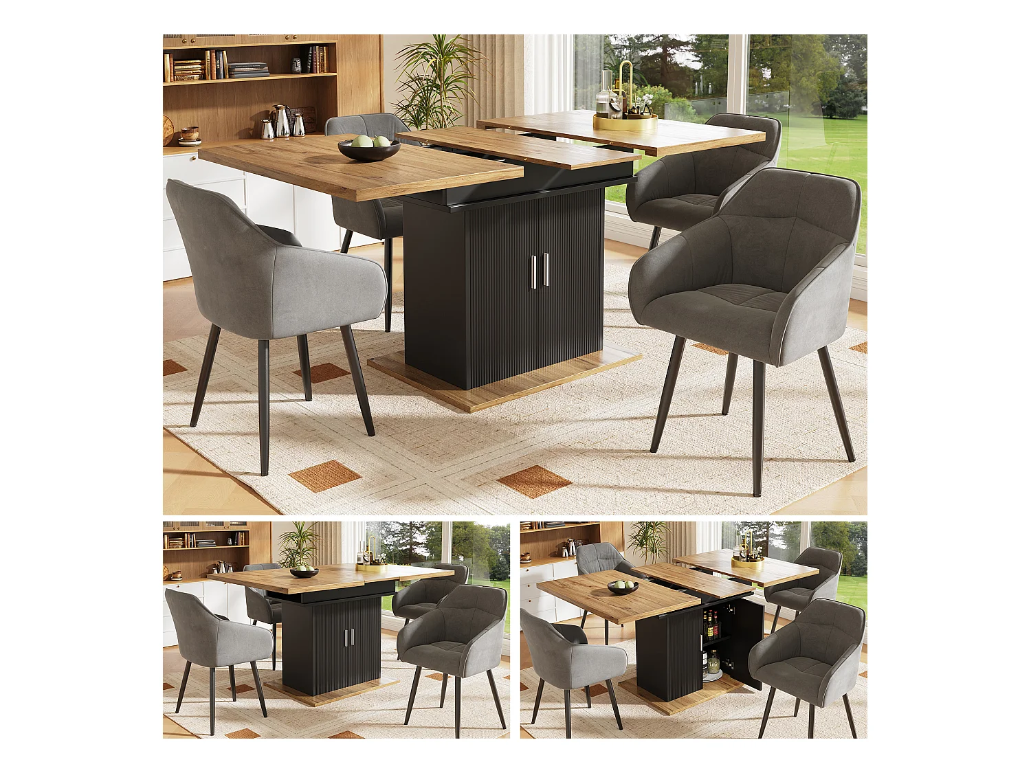 Mesa de jantar extensível em MDF com prateleiras, mesa de cozinha e sala de estar, 110-140×70cm natural/preto