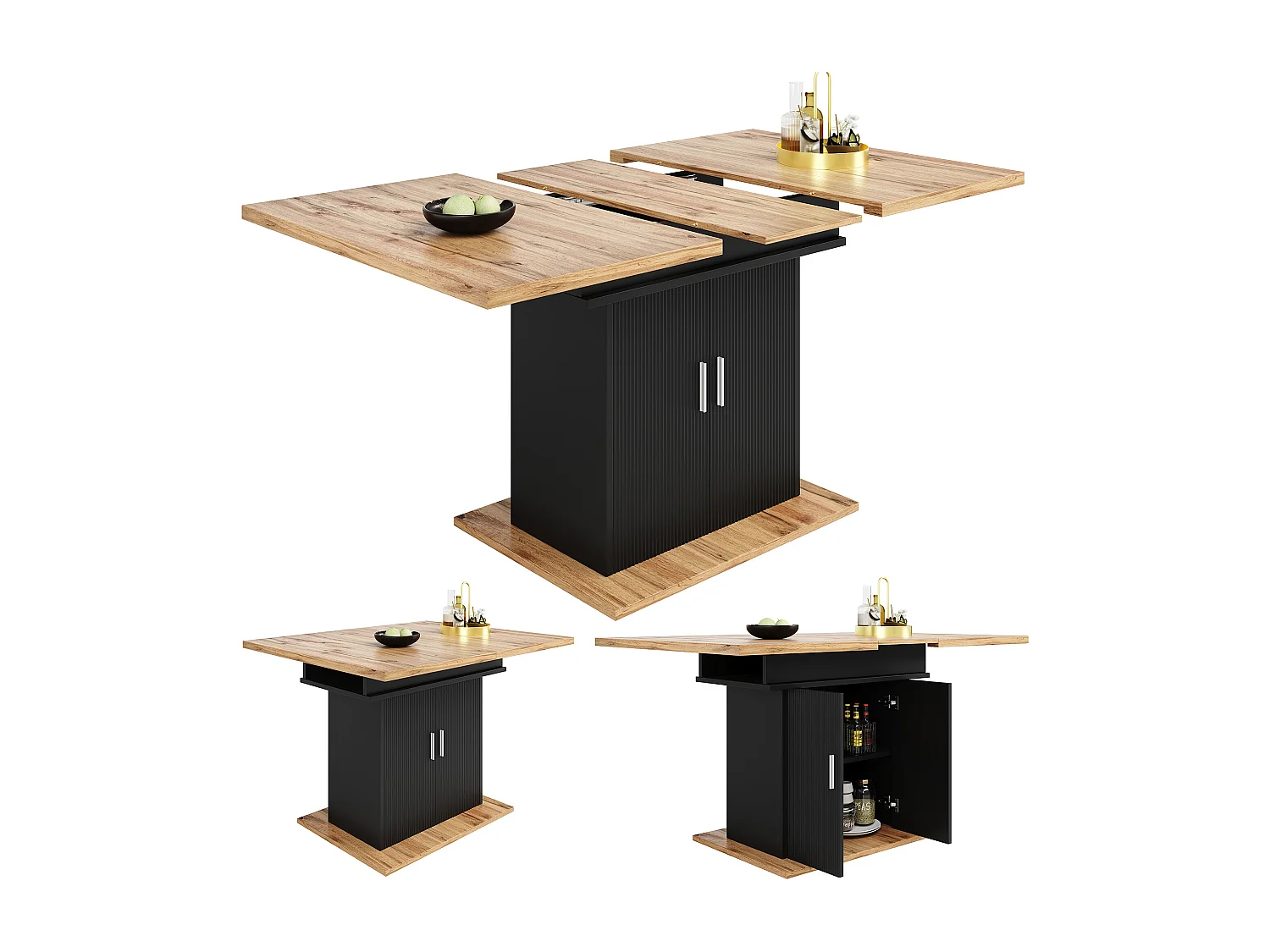 Mesa de comedor extensible de MDF con estantes, mesa de cocina y salón, 110-140×70cm natural/negro