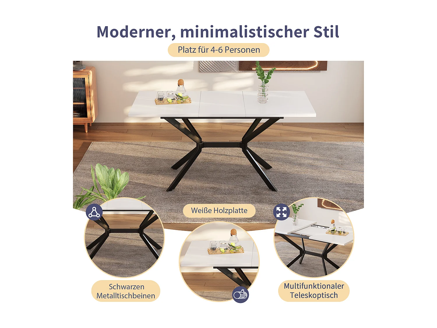 Tavolo da mangiatoia allungabile MDF metallo 4-6 persone bianco pieds noirs 120/160x80cm