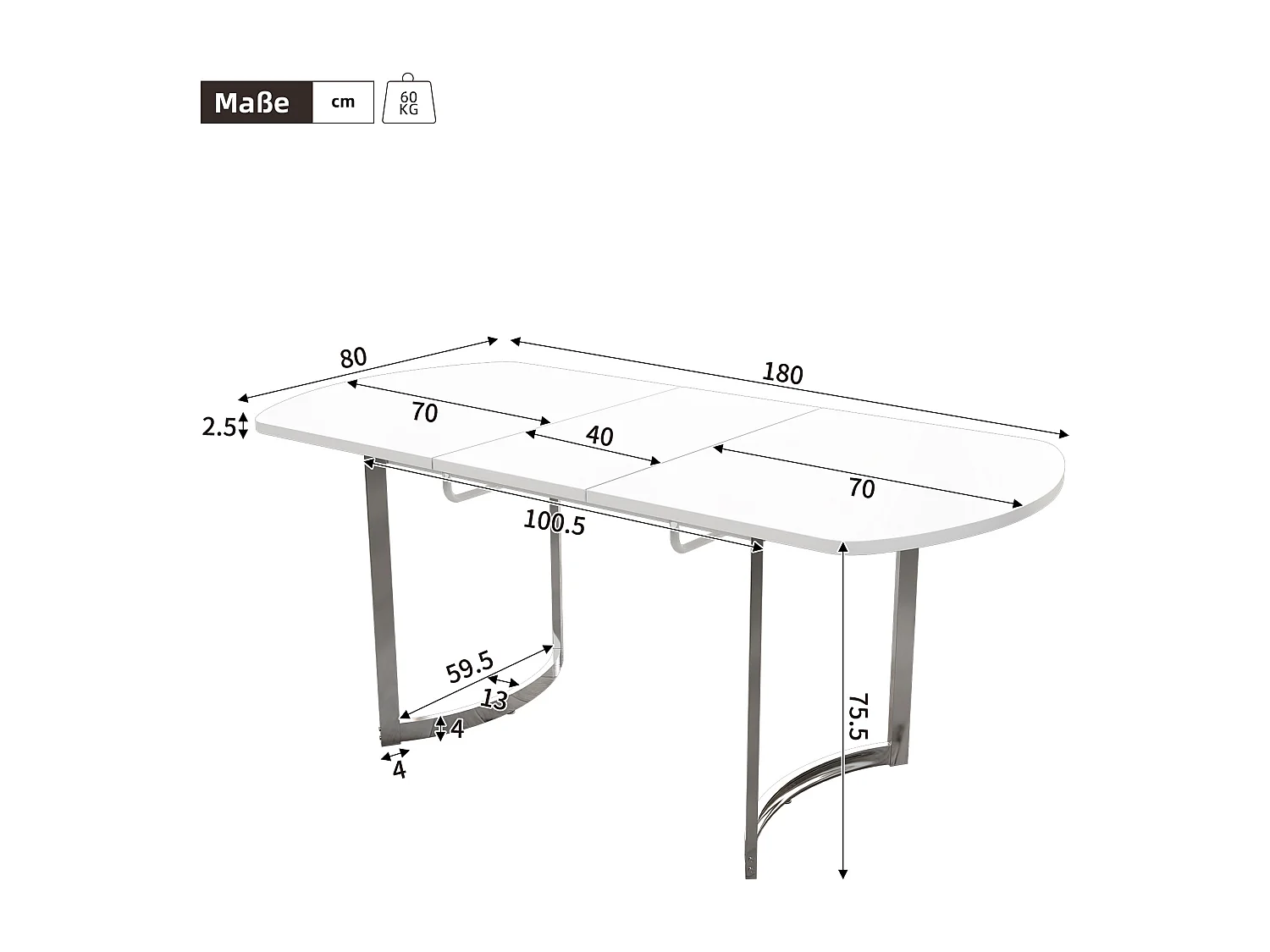Mesa de jantar extensível MDF metal design moderno 4-6 pessoas pernas brancas prata 140/180x80cm