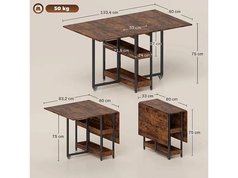 Mesa dobrável 2-4 pessoas MDF melamina com prateleiras cozinha sala de jantar 133x80x75 cm marrom