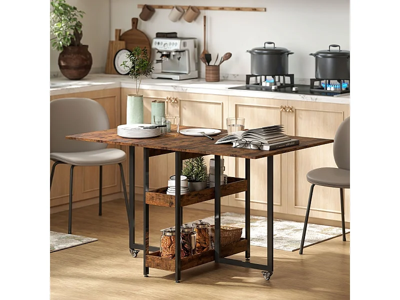 Mesa dobrável 2-4 pessoas MDF melamina com prateleiras cozinha sala de jantar 133x80x75 cm marrom