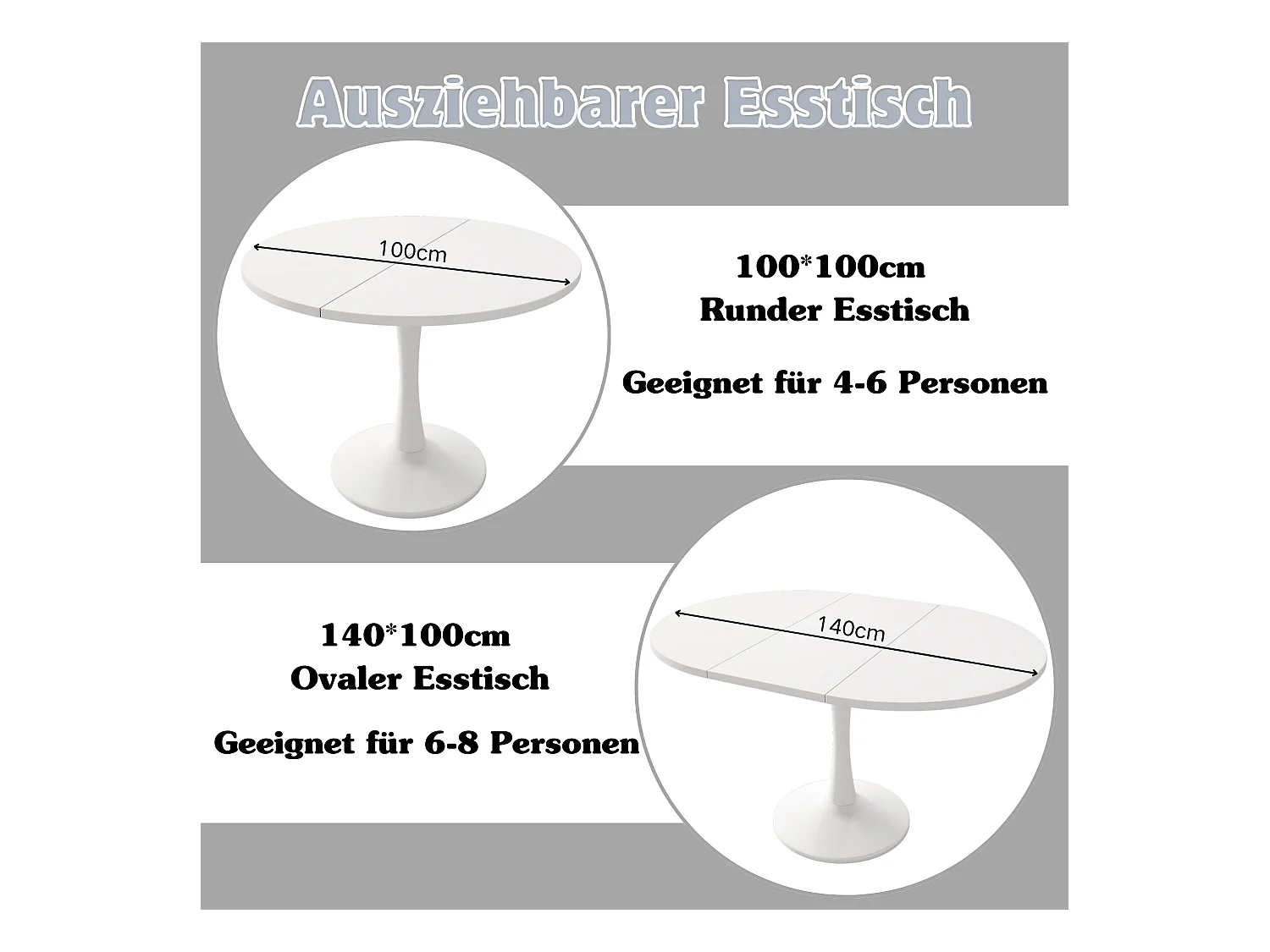 Mesa de comedor extensible ovalada moderna de MDF 100/140x100x75 cm blanca