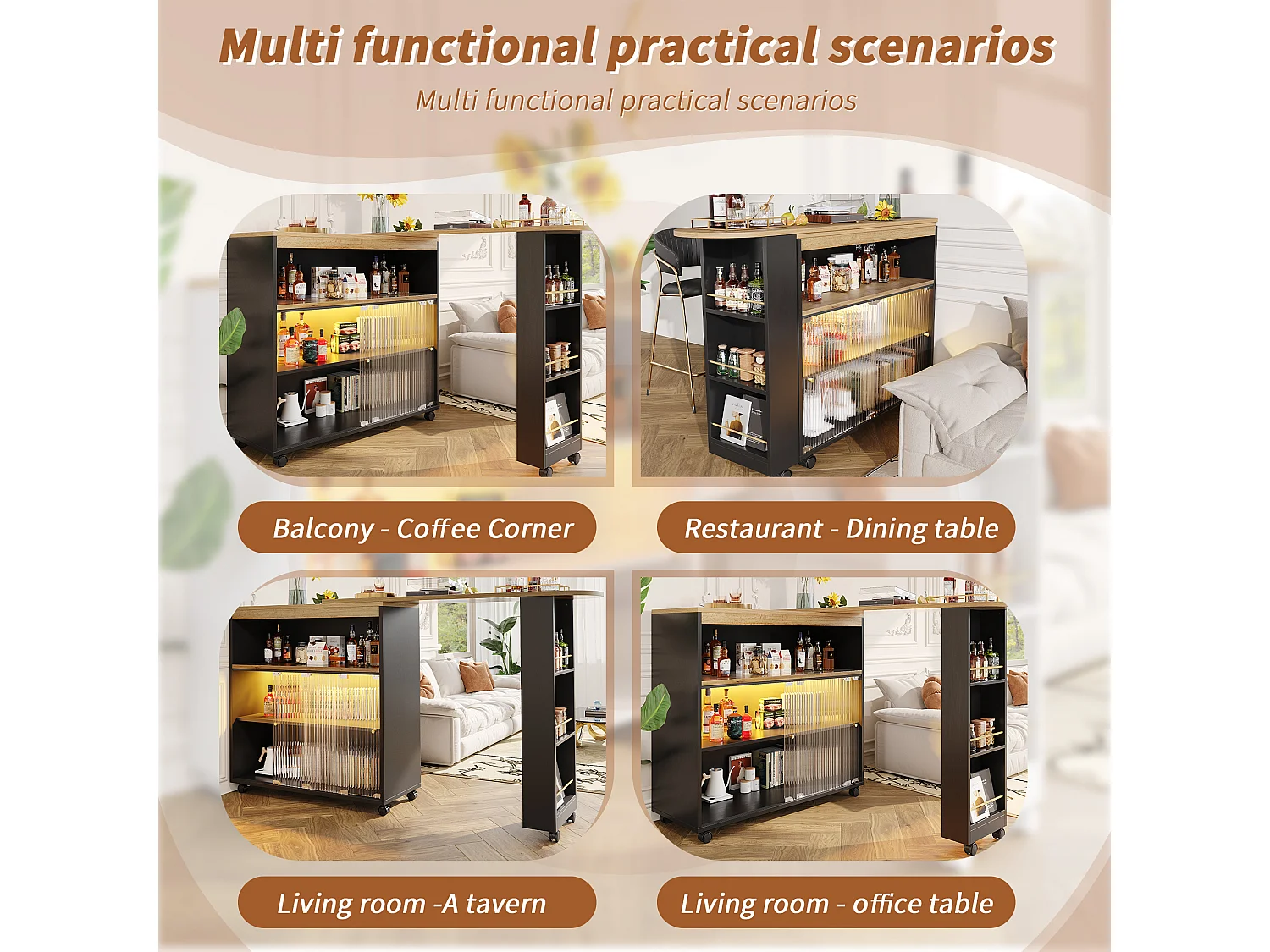 Mesa de bar extensível MDF LED 138-204 cm armazenamento cozinha sala de estar preto